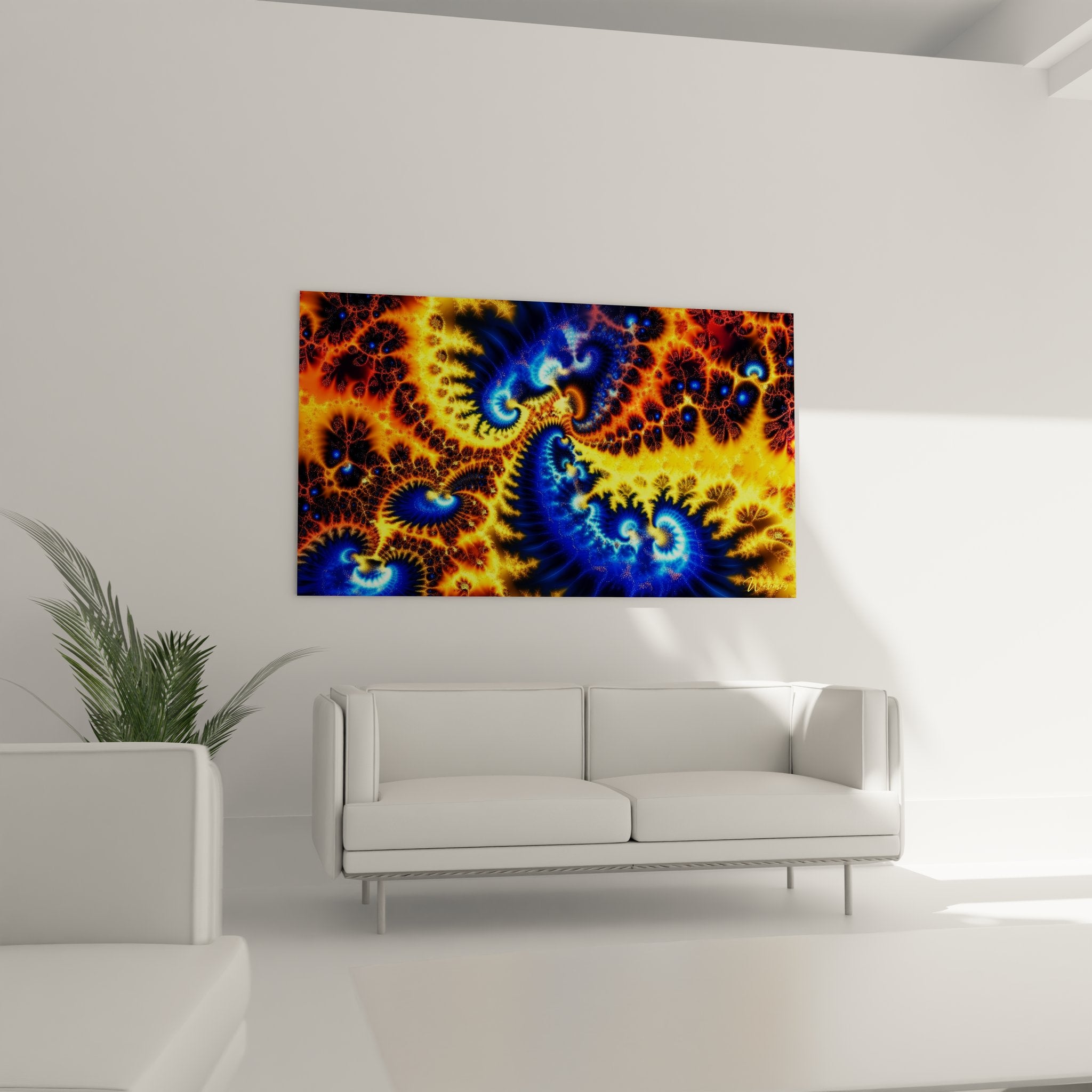 Gros plan détails spirales fractales cosmiques motifs géométriques bleu orange art numérique