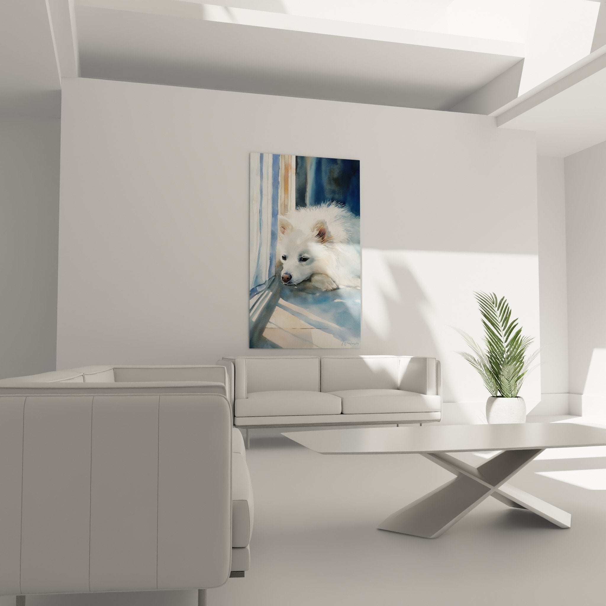 Gros plan tableau Spitz Japonais pelage blanc reflets dores technique aquarelle art animalier