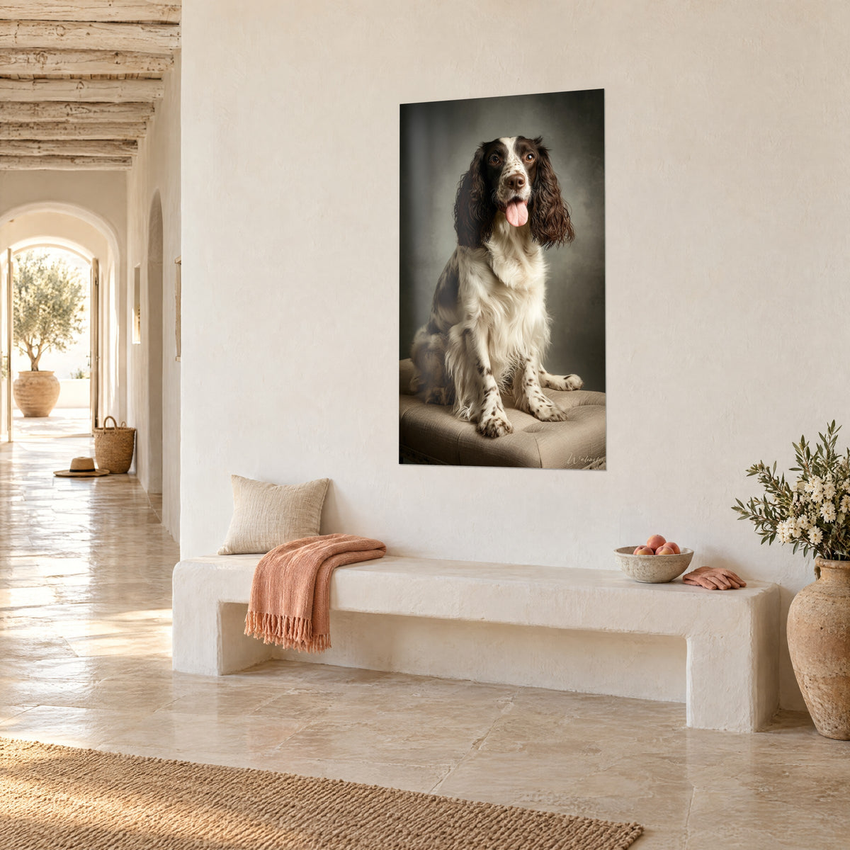 Wall art chocolate curly-eared dog with long ears, cream speckled coat, charcoal grey background, three-quarter view in a vaulted hallway