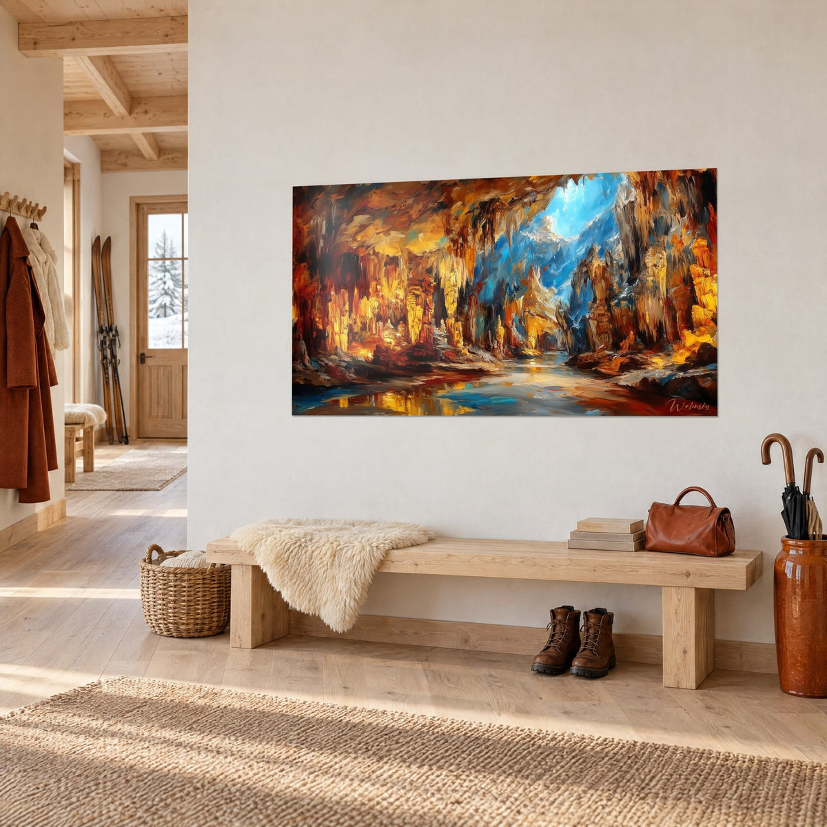 Obraz podziemna grota ze złotymi filarami i rdzawymi skałami, lazurowe niebo w tle, widok z trzech czwartych nad ławą w domku górskim
