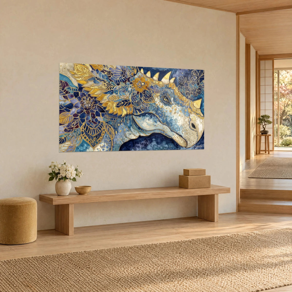 Wall art Scutosaurus in cream profile, gold tips and indigo mandalas, three-quarter view on a beige wall, light wood bench