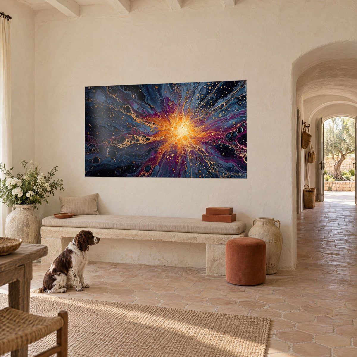 Gemälde strahlende Supernova, gelbes und orangefarbenes Zentrum, purpurne und blaue Filamente, Spaniel sitzt neben einer Bank in einem provenzalischen Landhaus