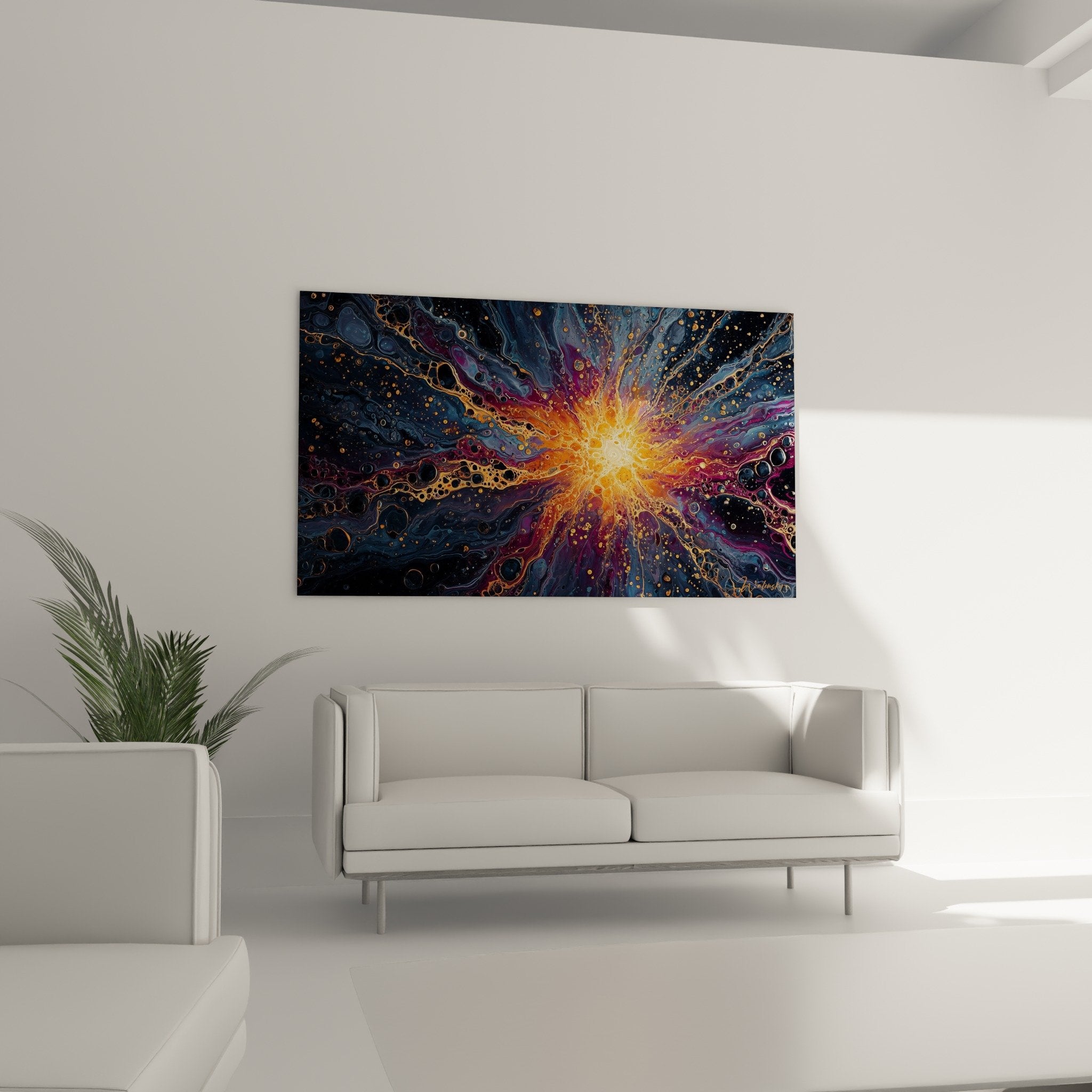 Close-up orange stellar explosion golden particles fluid textures feng shui southeast wood cosmic art