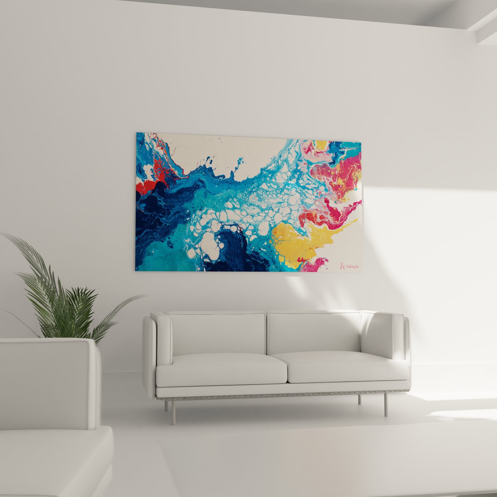 Détail gros plan tableau abstrait explosion couleurs, texture peinture moderne artistique