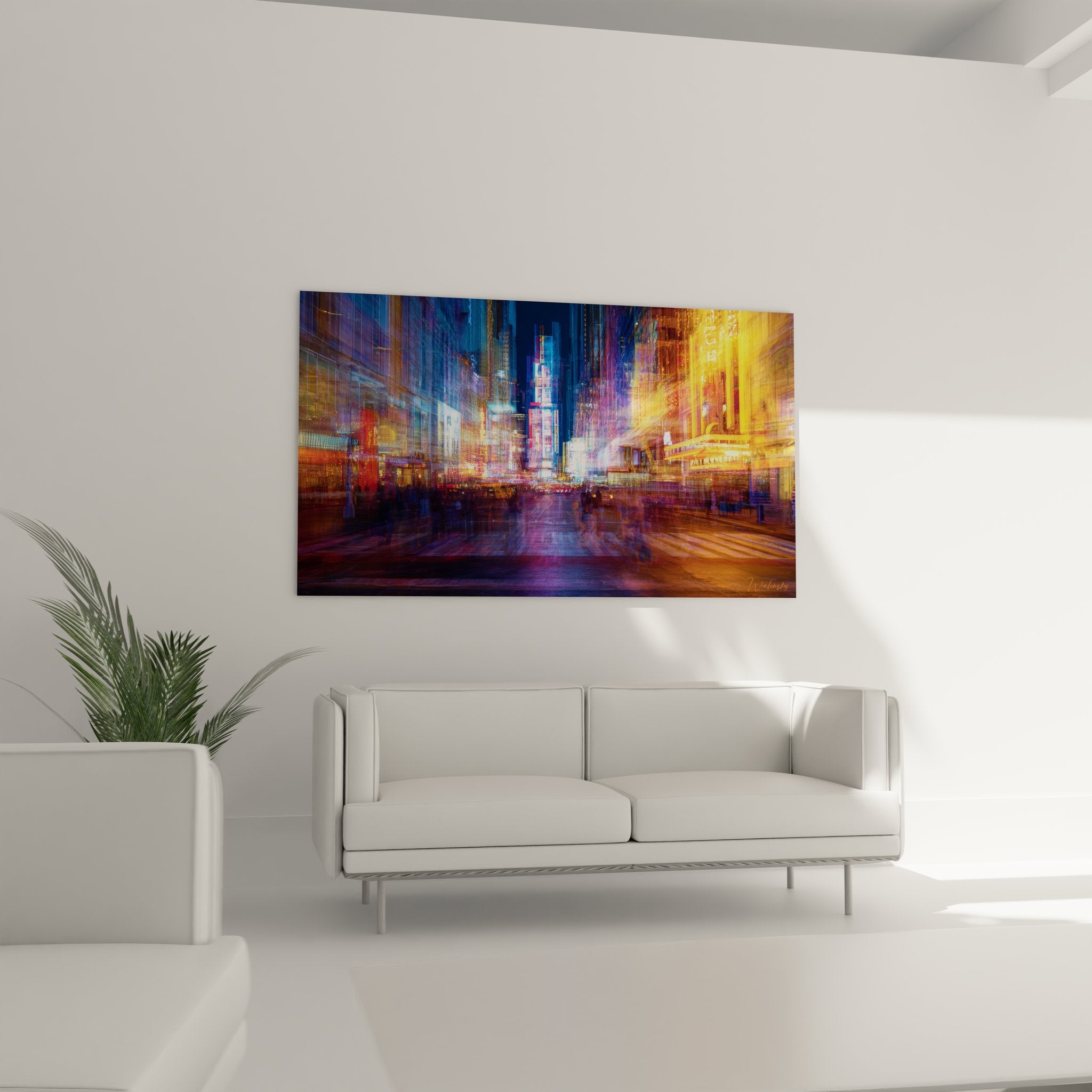 Gros plan tableau abstrait Times Square montrant détails néons et effets lumineux colorés