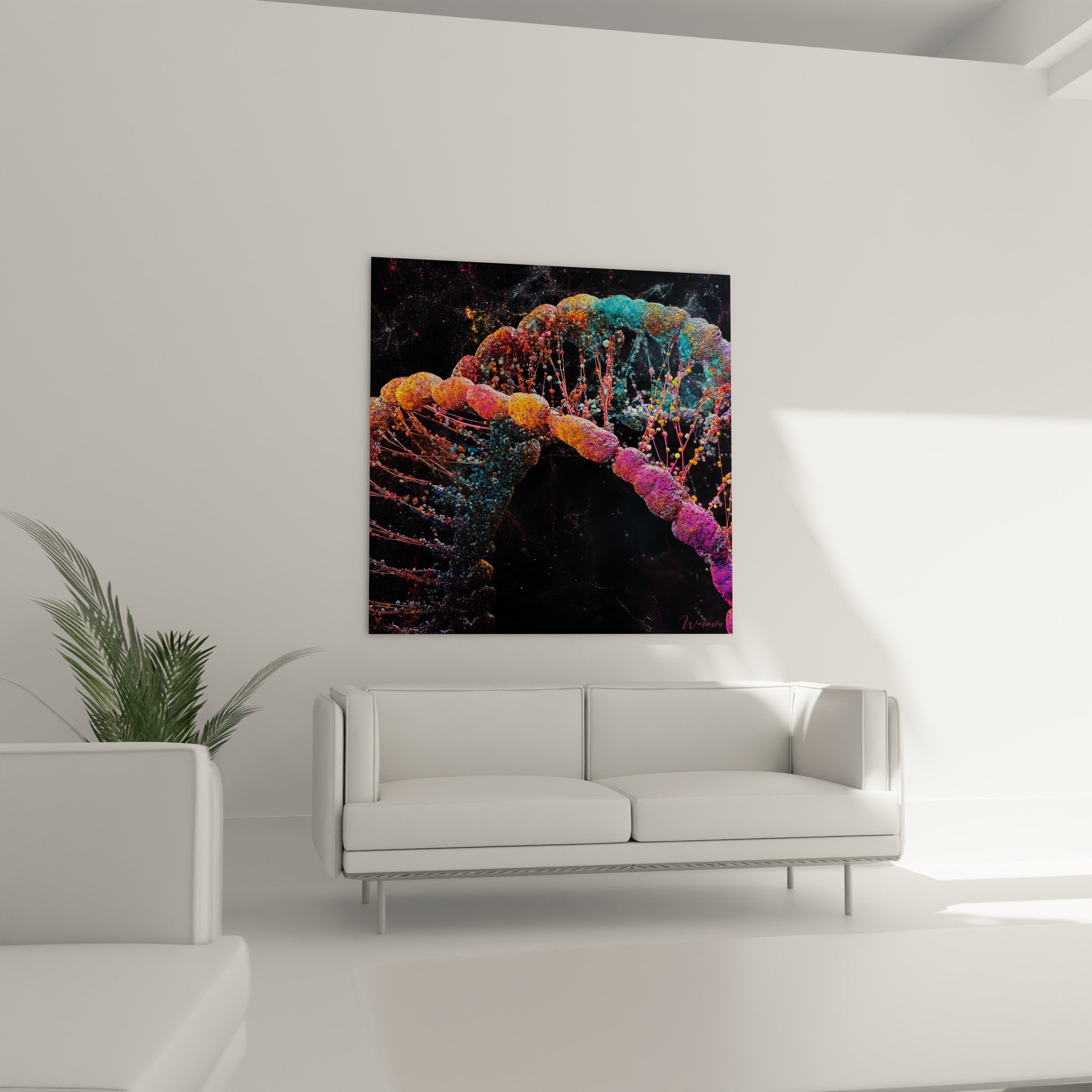 Gros plan sur tableau ADN montrant les détails des hélices colorées et particules génétiques