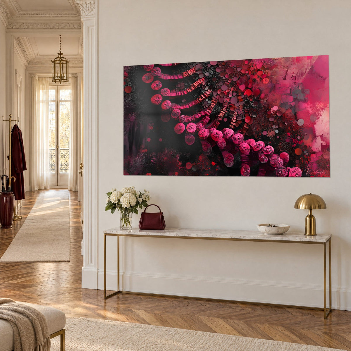 Wall art abstract genetic spiral, rows of pink discs on charcoal black, bright red splashes, three-quarter view on a Haussmann-style wall