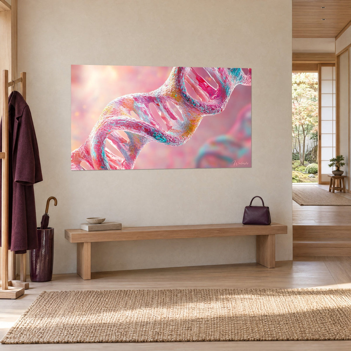 Tableau brin génétique en spirale corail et bleu glacier, fond rose flou, près d'un banc en bois et d'un manteau prune