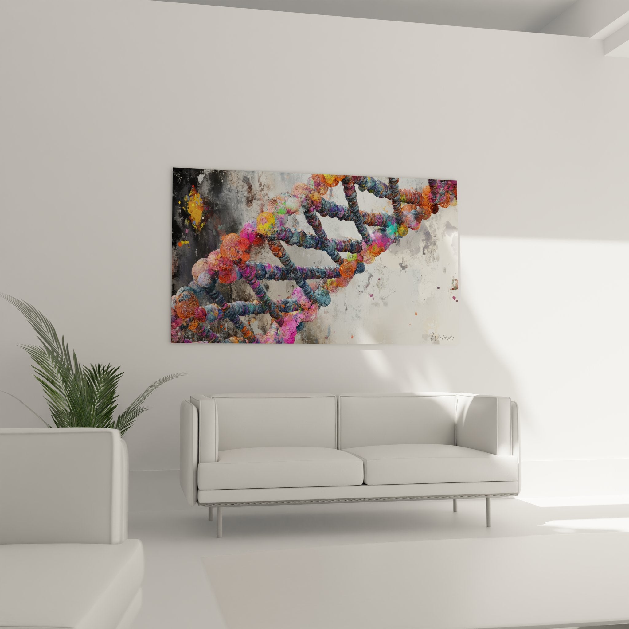 Gros plan tableau ADN montrant détails colorés de la structure génétique artistique