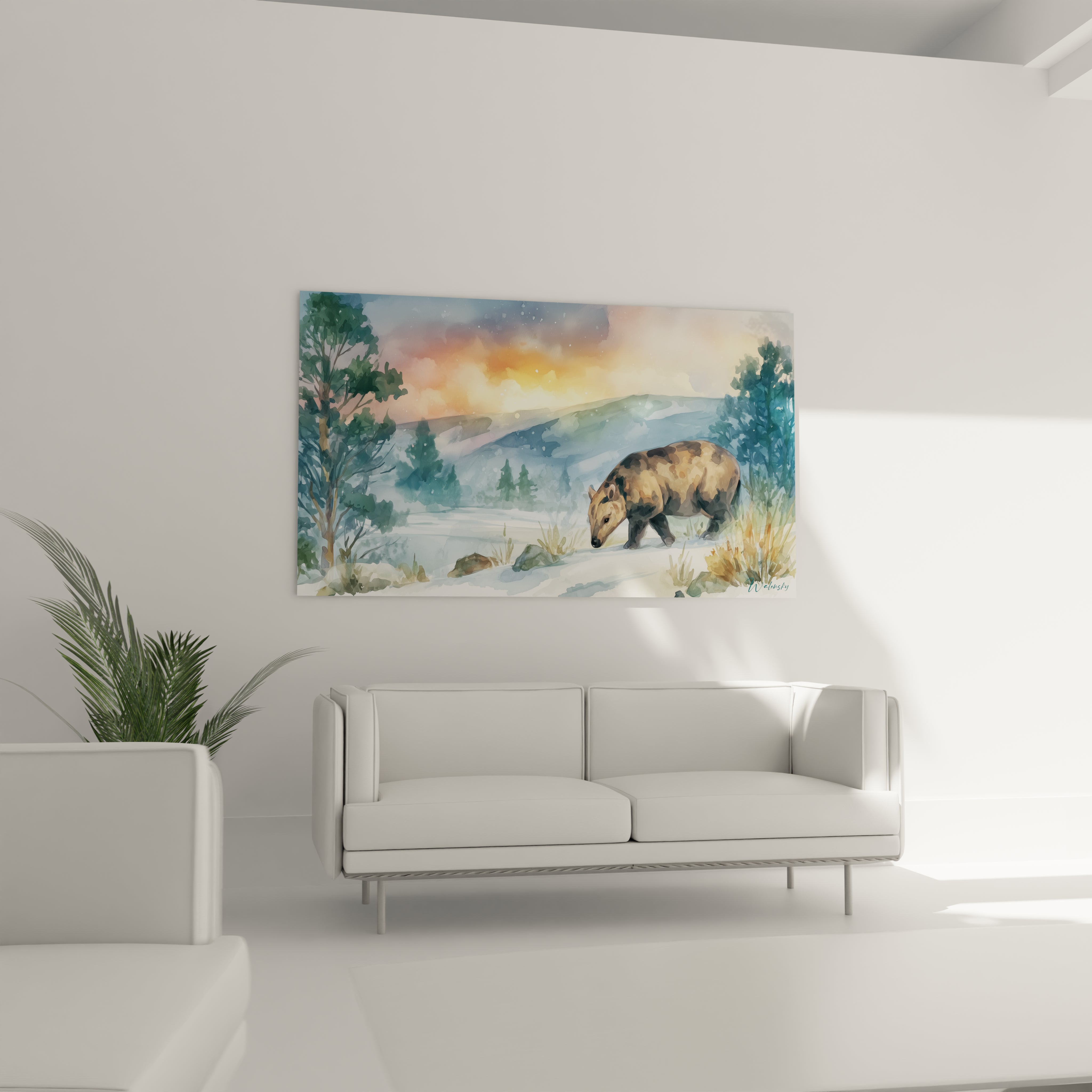 Gros plan détaillé tableau Andrewsarchus, technique aquarelle et finitions artistiques haute qualité