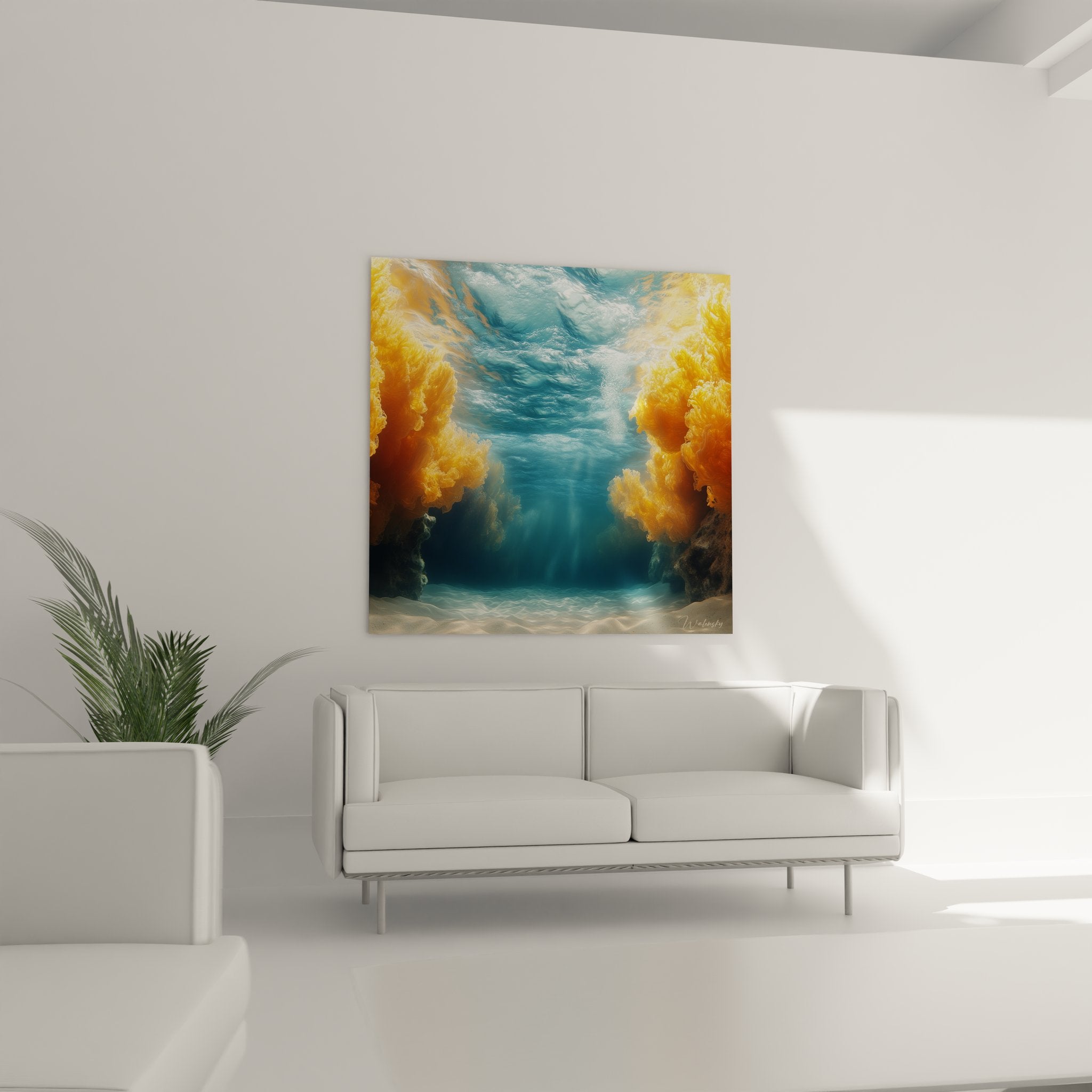 Gros plan détaillé tableau sous-marin montrant textures aquatiques et nuances dorées océaniques