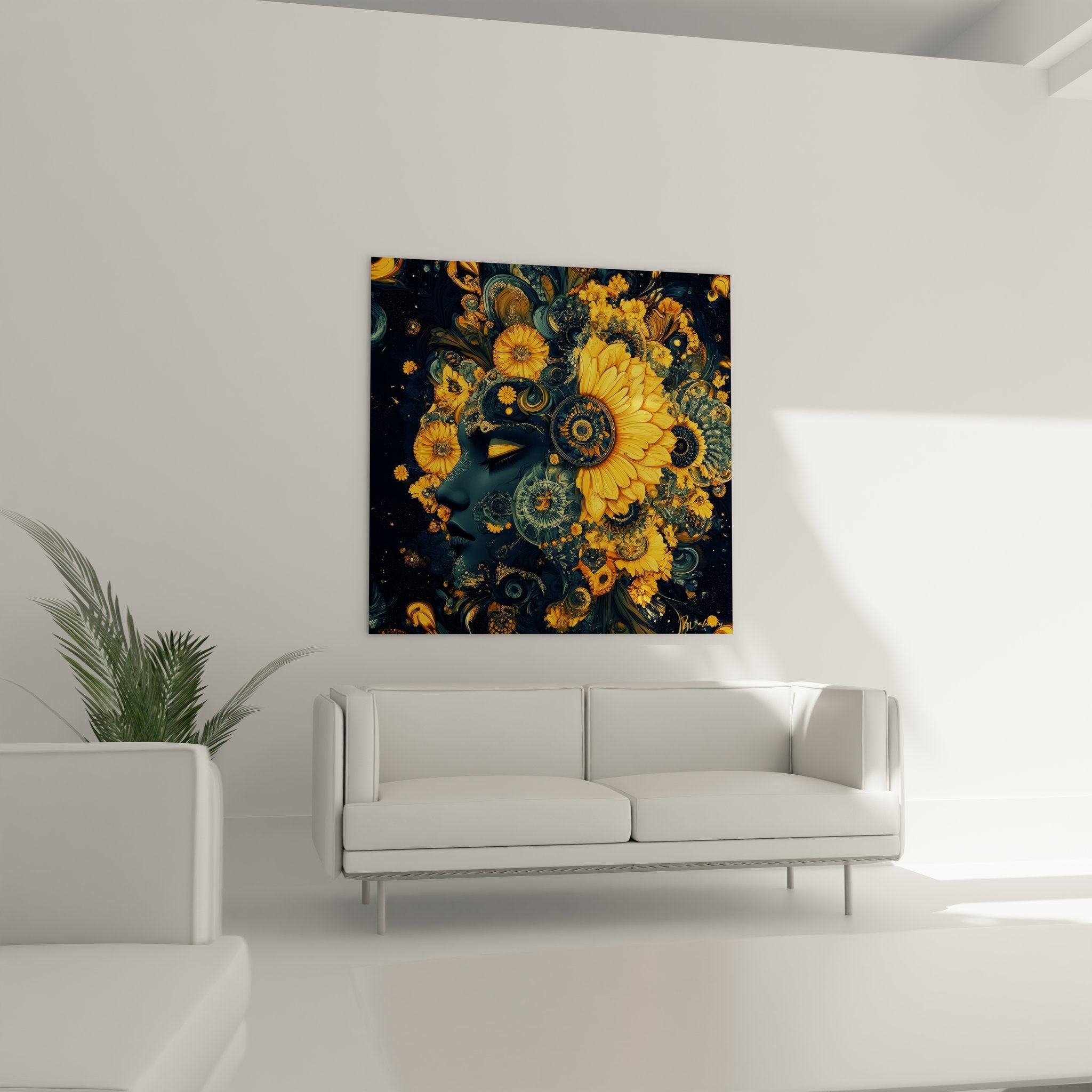 Gros plan tableau art fractal détails fleurs dorées et spirales géométriques complexes