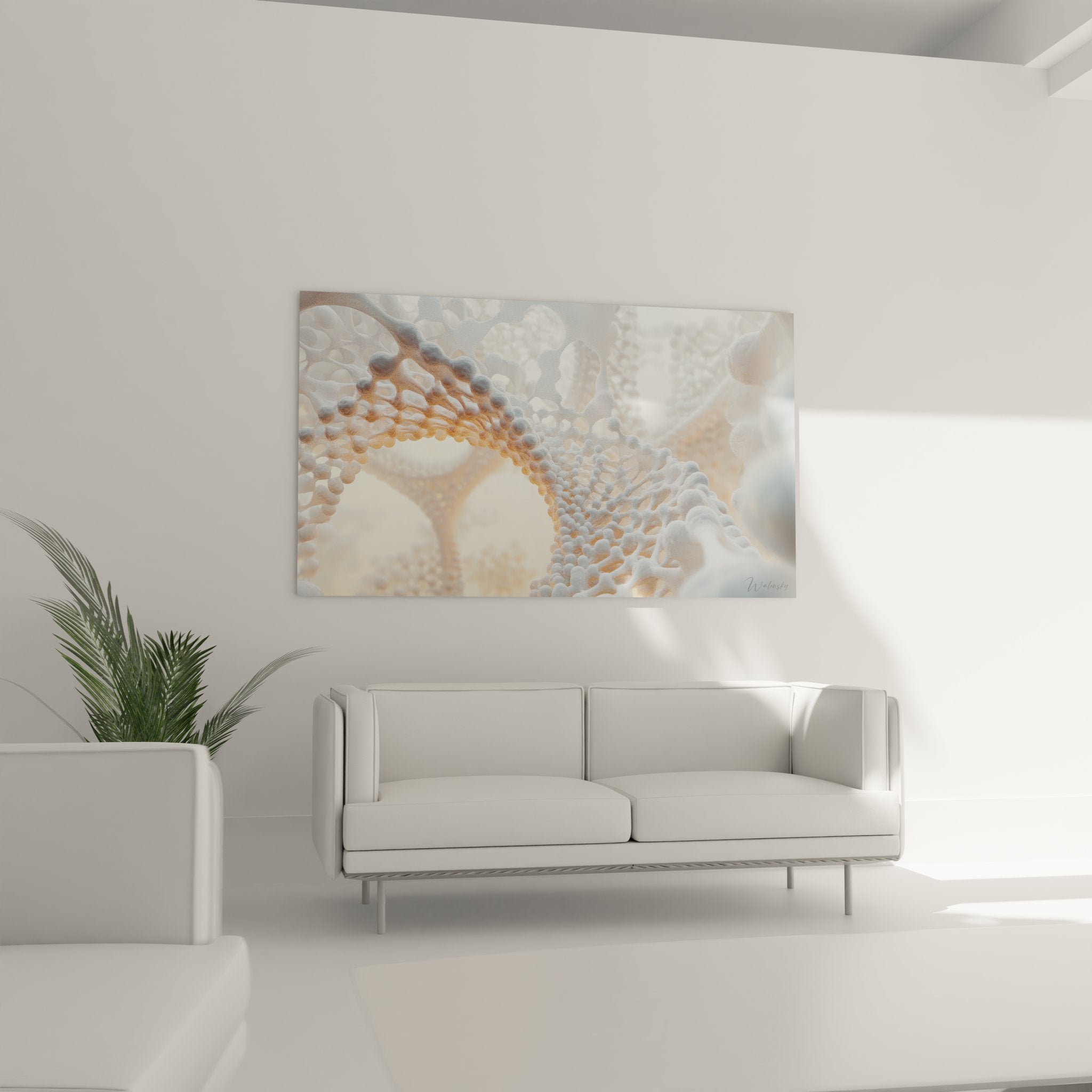 Gros plan tableau art génétique ADN détail double hélice sphères dorées lumineuses