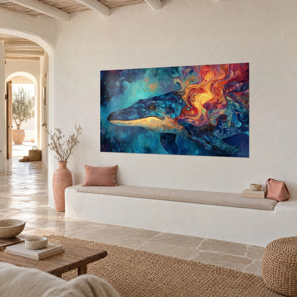 Tableau baleine abstraite à l'œil ambré, flammes orange et corail, mur blanc chaulé d'une maison méditerranéenne