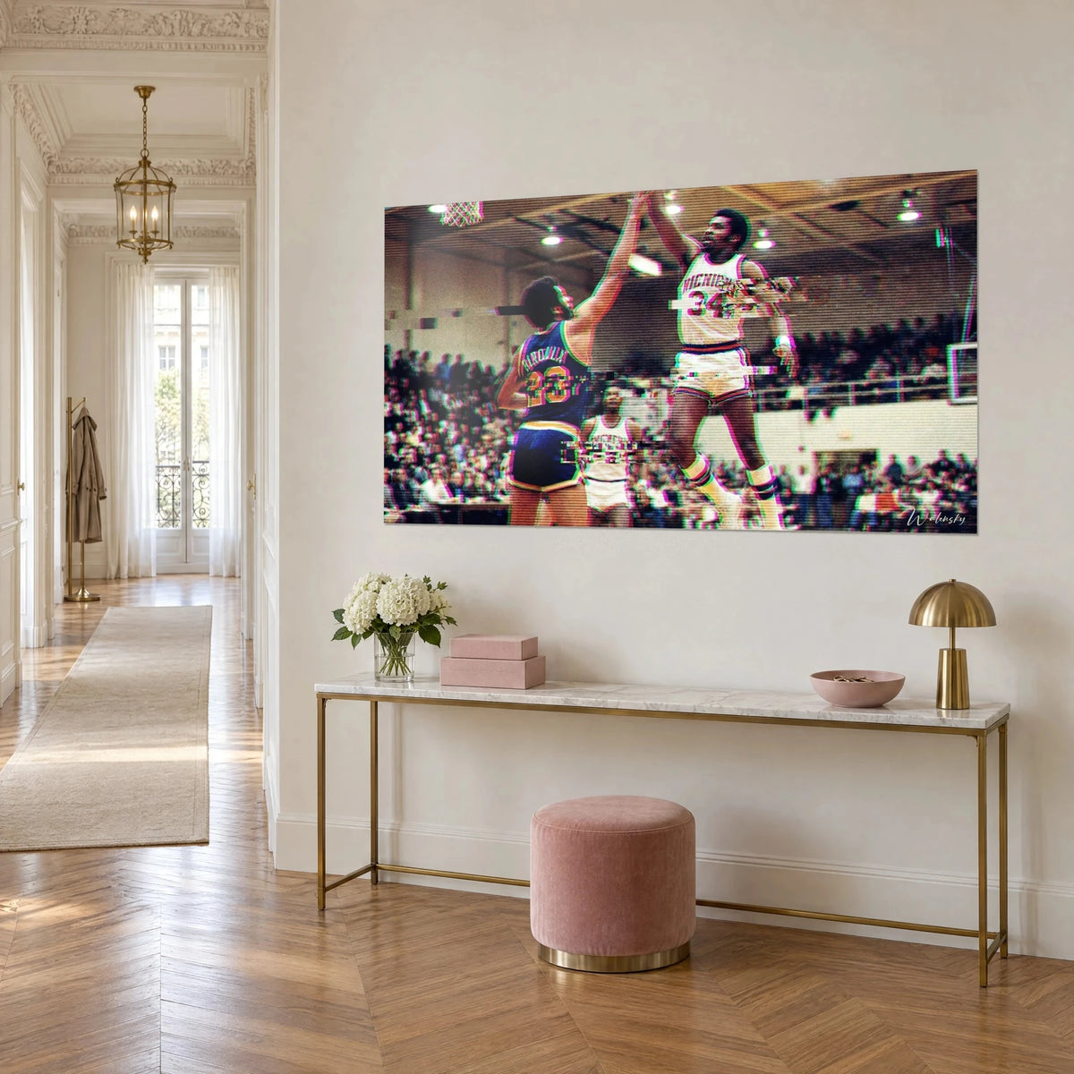 Wall art vintage face-off at the hoop, white and red player reaching out against blue, on a white Haussmann hallway wall