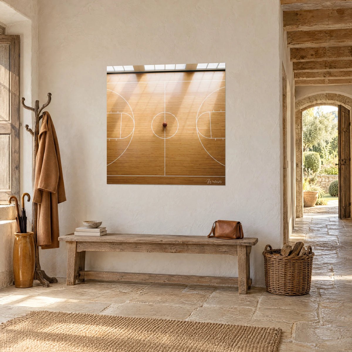 Wall art short basketball court from a high angle, orange ball on the center circle and golden parquet, on a pale stone wall at three-quarter view