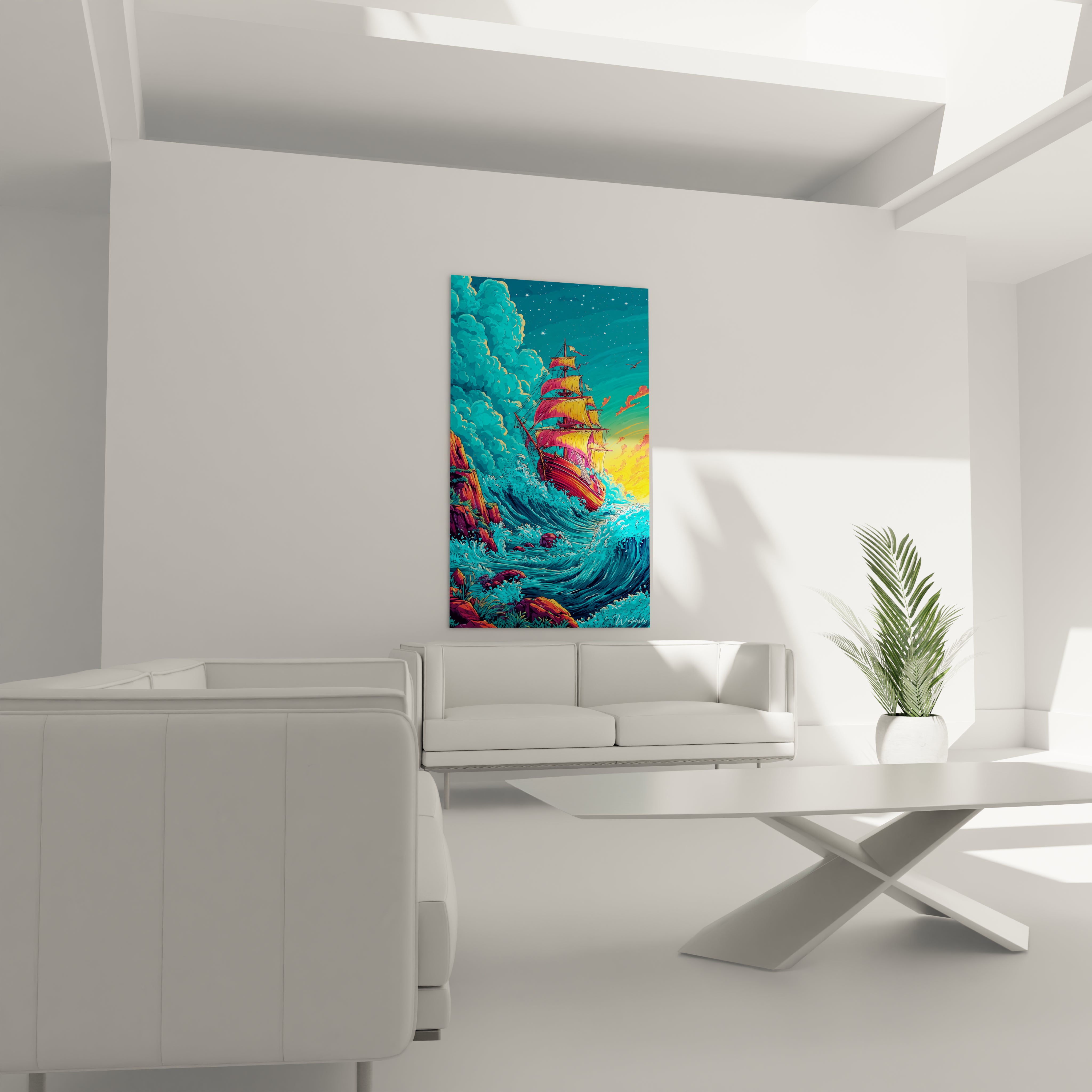 Gros plan détails tableau bateau pirate voiles multicolores et vagues déferlantes style BD