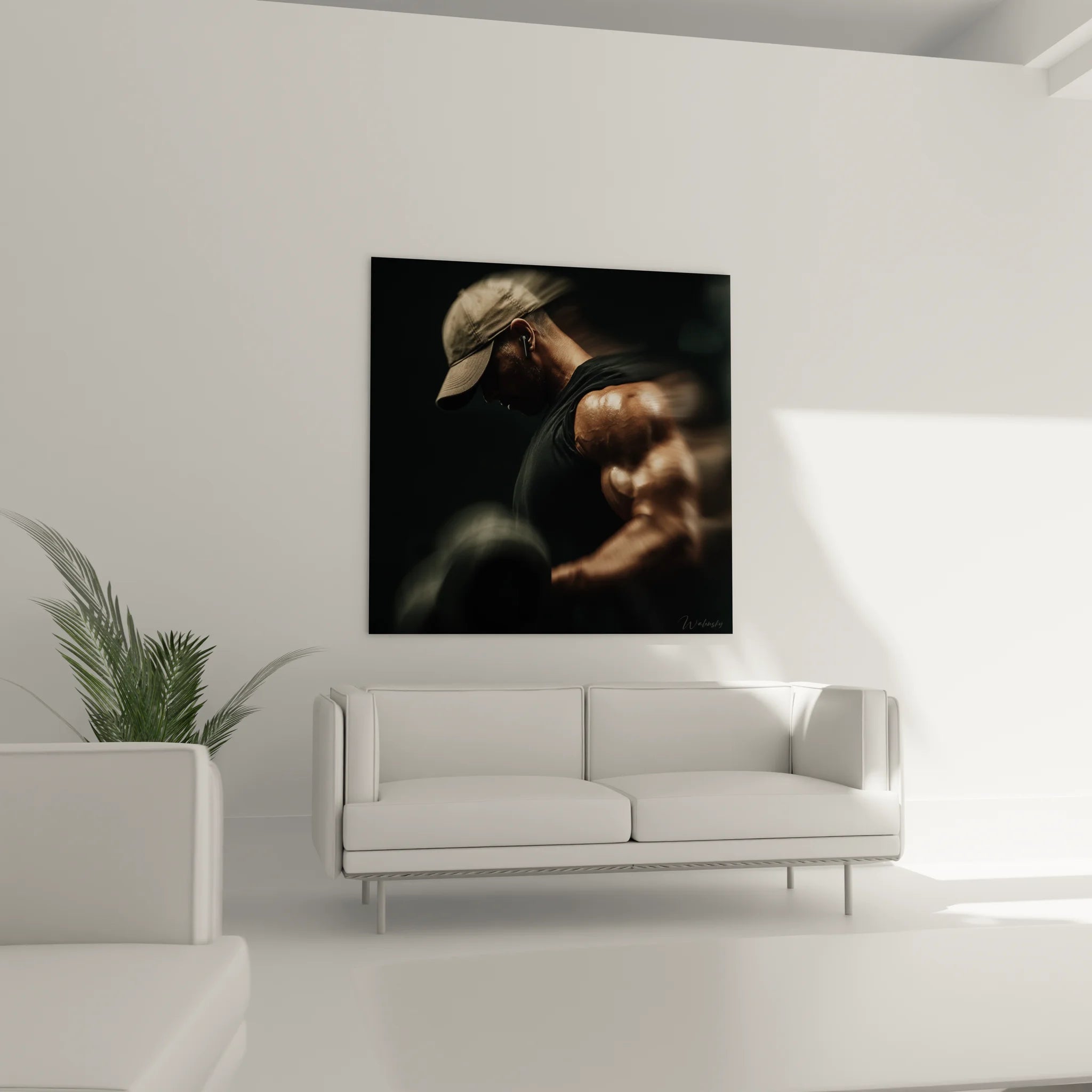 Gros plan tableau boxeur noir et blanc, détails artistiques sport de combat mural