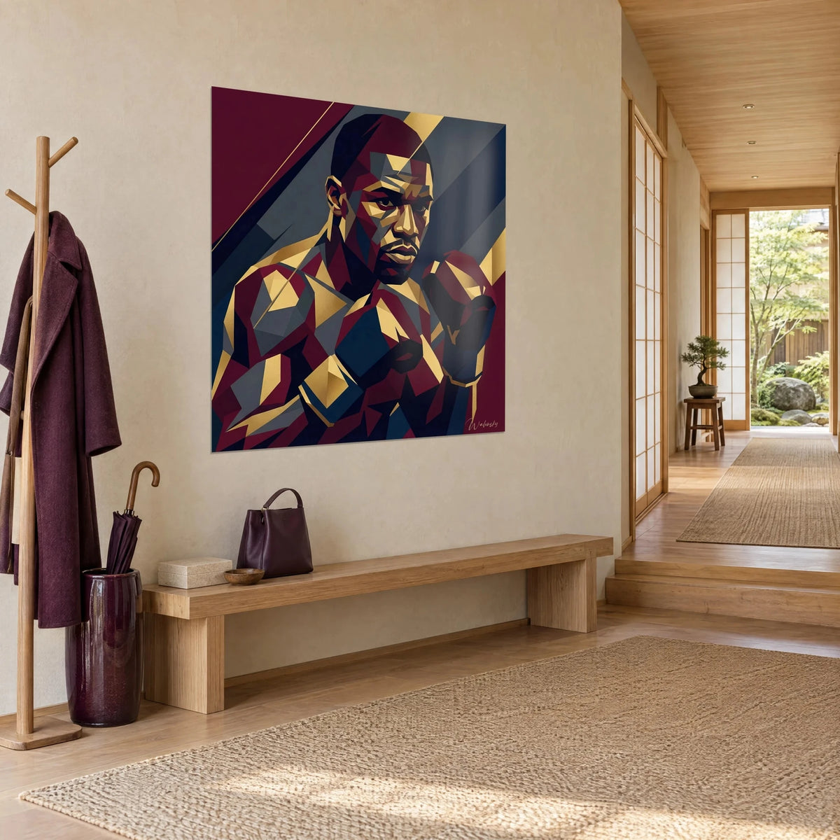 Schilderij portret van een bokser in vlakke tinten bordeaux, nachtblauw en goud, driekwart aanzicht in een japandi entree