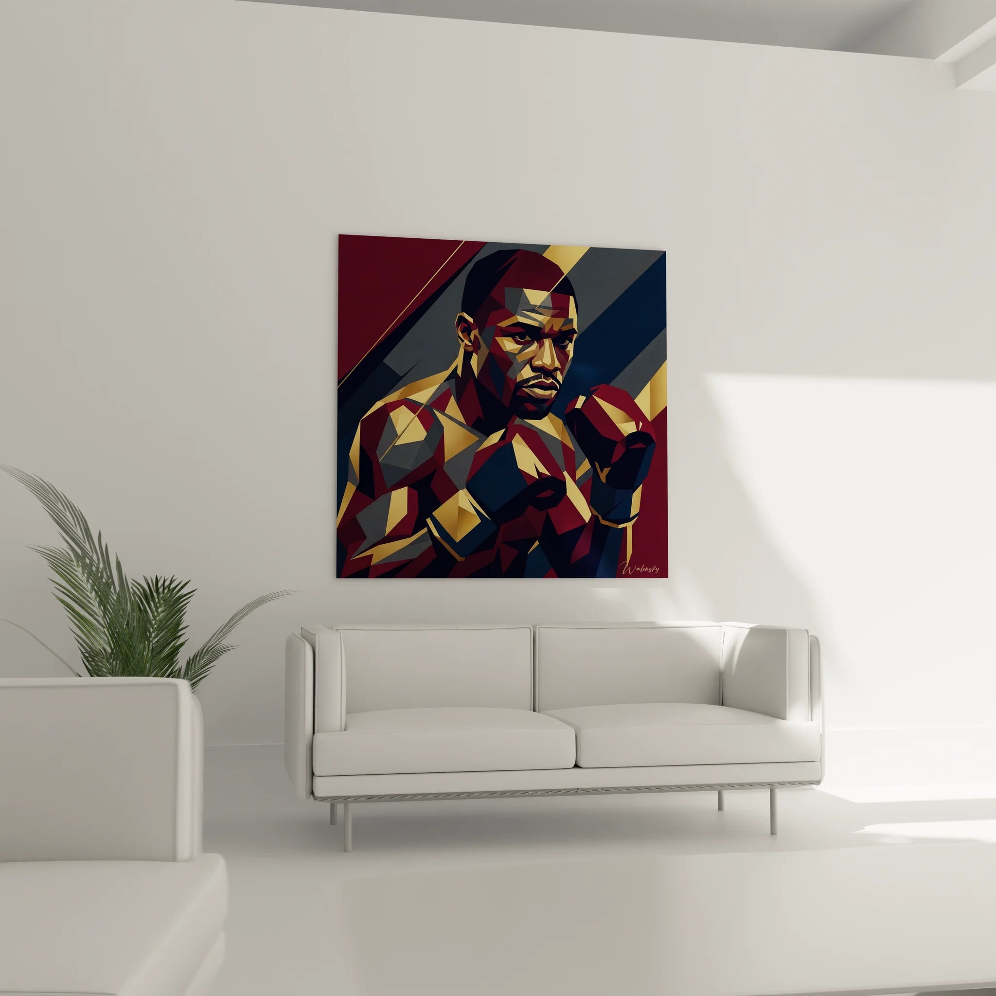 Gros plan tableau portrait boxeur facettes géométriques détails artistiques couleurs vibrantes