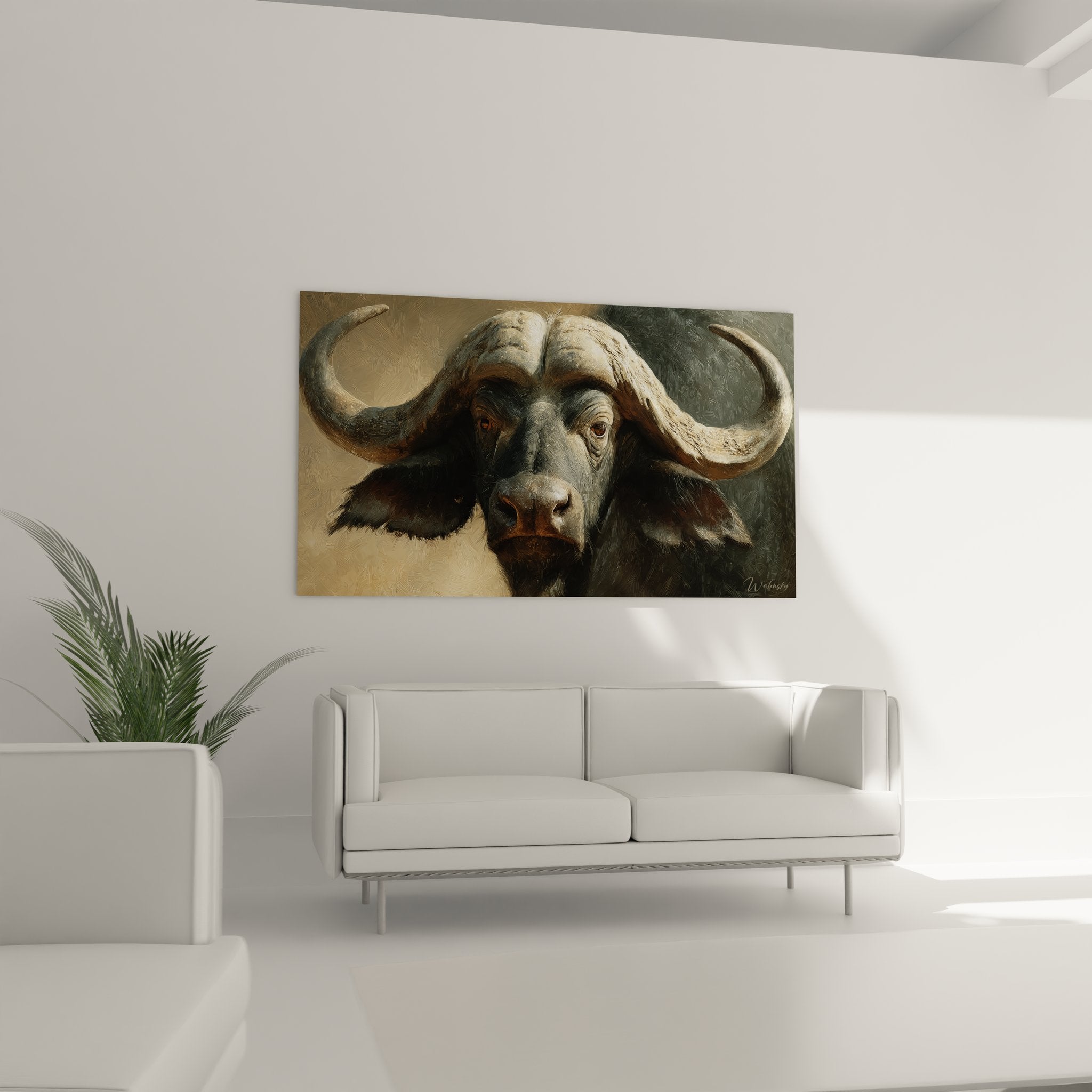 Gros plan détaillé tableau buffle montrant texture réaliste cornes recourbées et expression noble