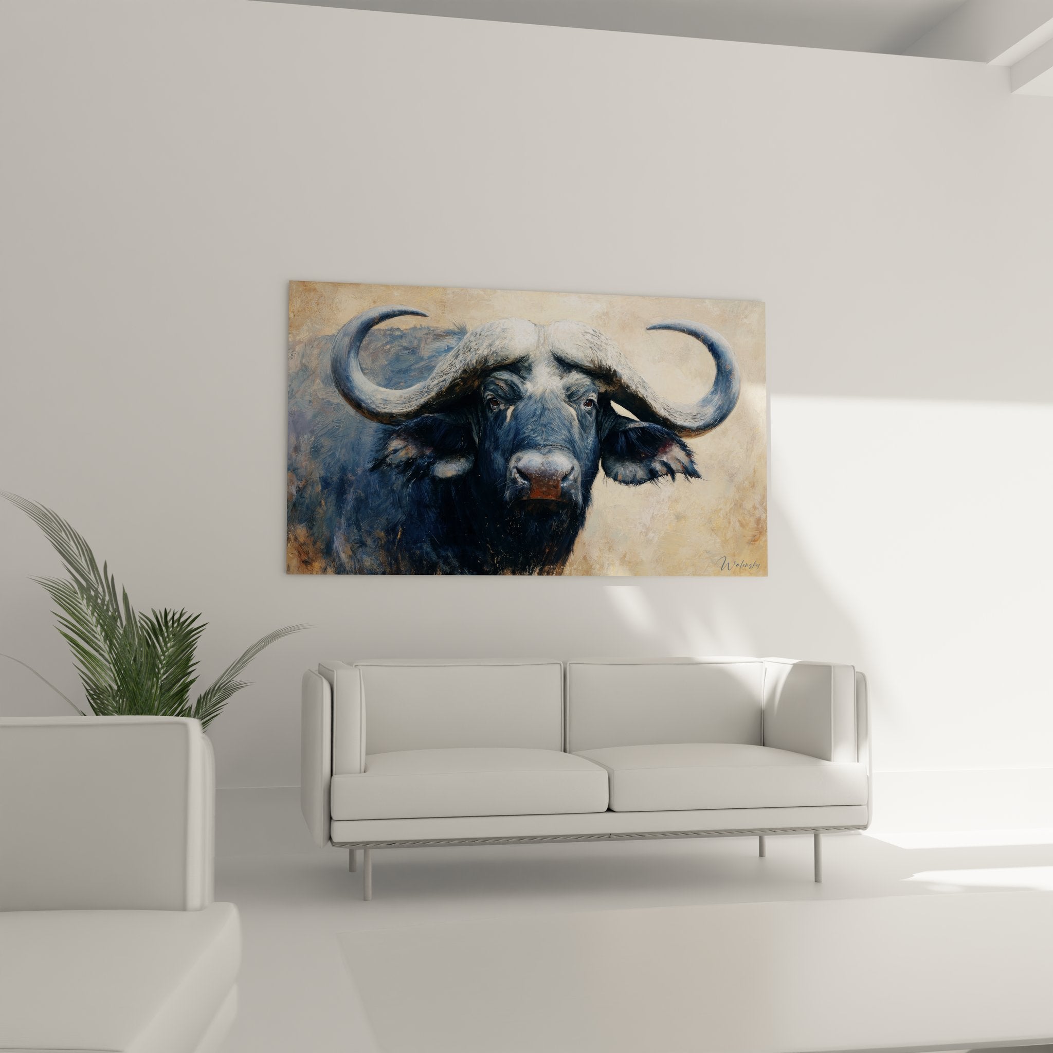 Gros plan tableau buffle détails cornes recourbées pelage texture peinture réaliste