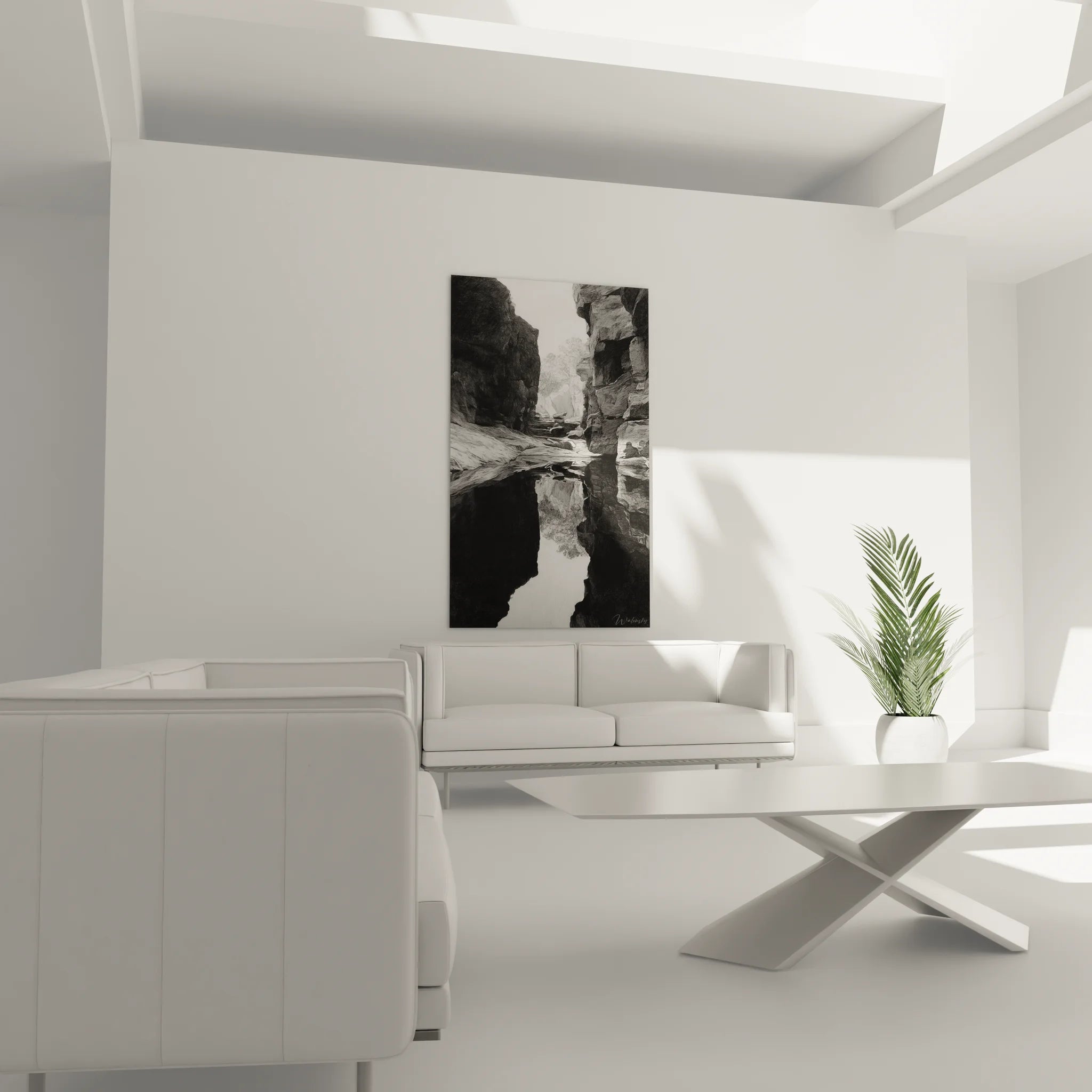 Gros plan tableau canyon monochrome montrant détails textures rocheuses et reflets aquatiques