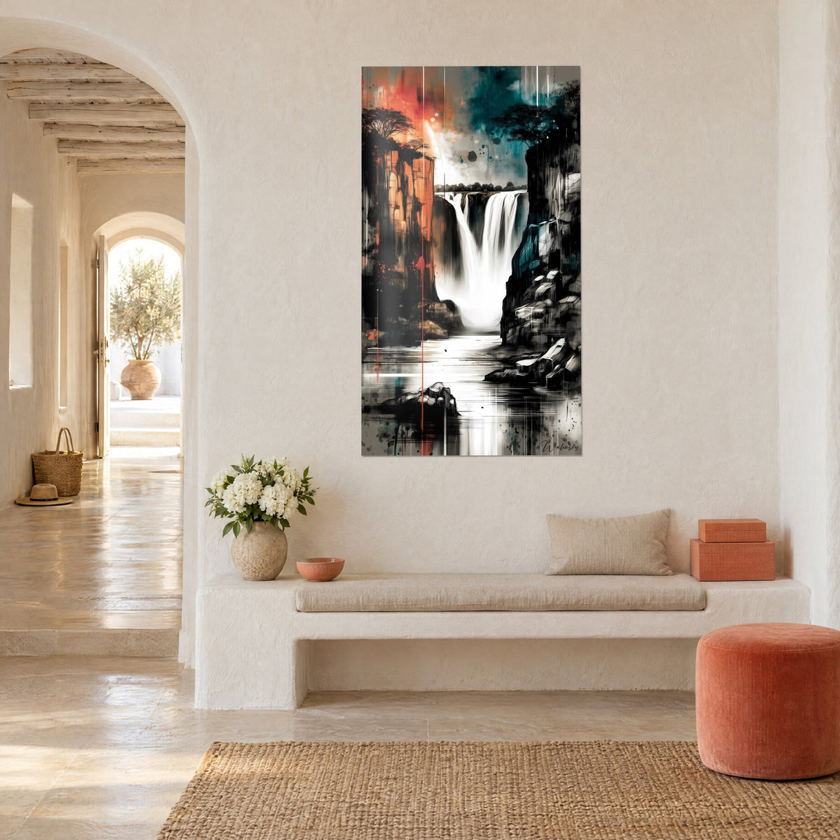 Wall art Abstract waterfall with ochre and turquoise cliffs, white foam and black streaks, in a Mediterranean home