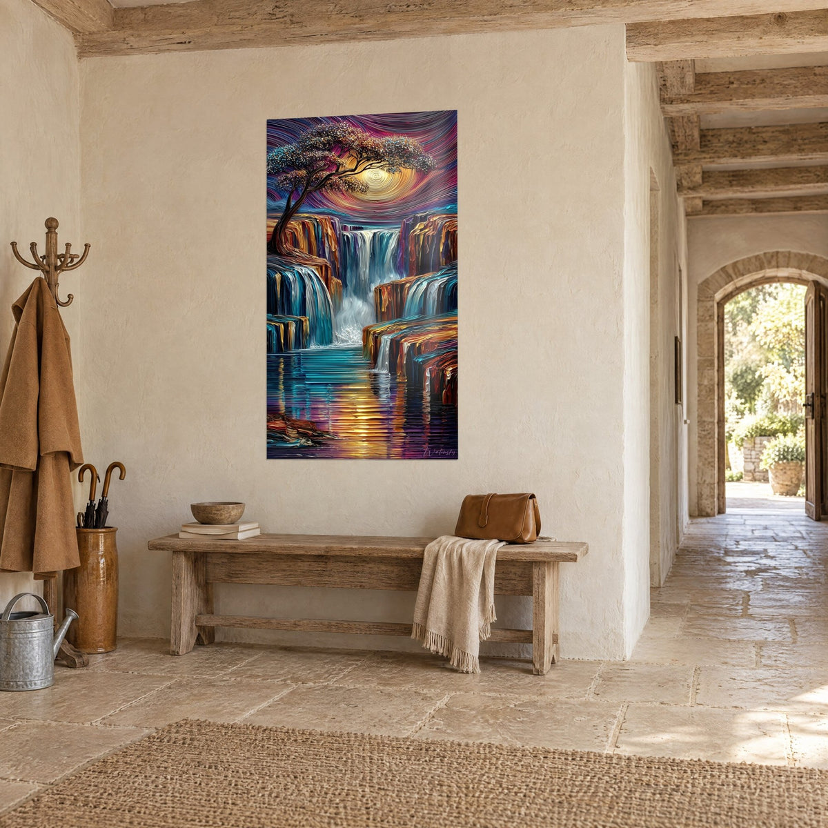 Tableau arbre penché sur une cascade en peinture épaisse, ciel magenta et or, vue de trois-quarts dans un couloir en pierre