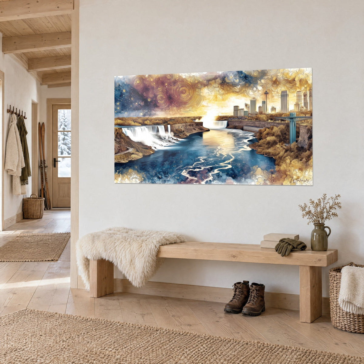 Quadro Panorama di cascate e grattacieli dorati, cielo vorticoso malva e ocra, su una parete bianca di chalet