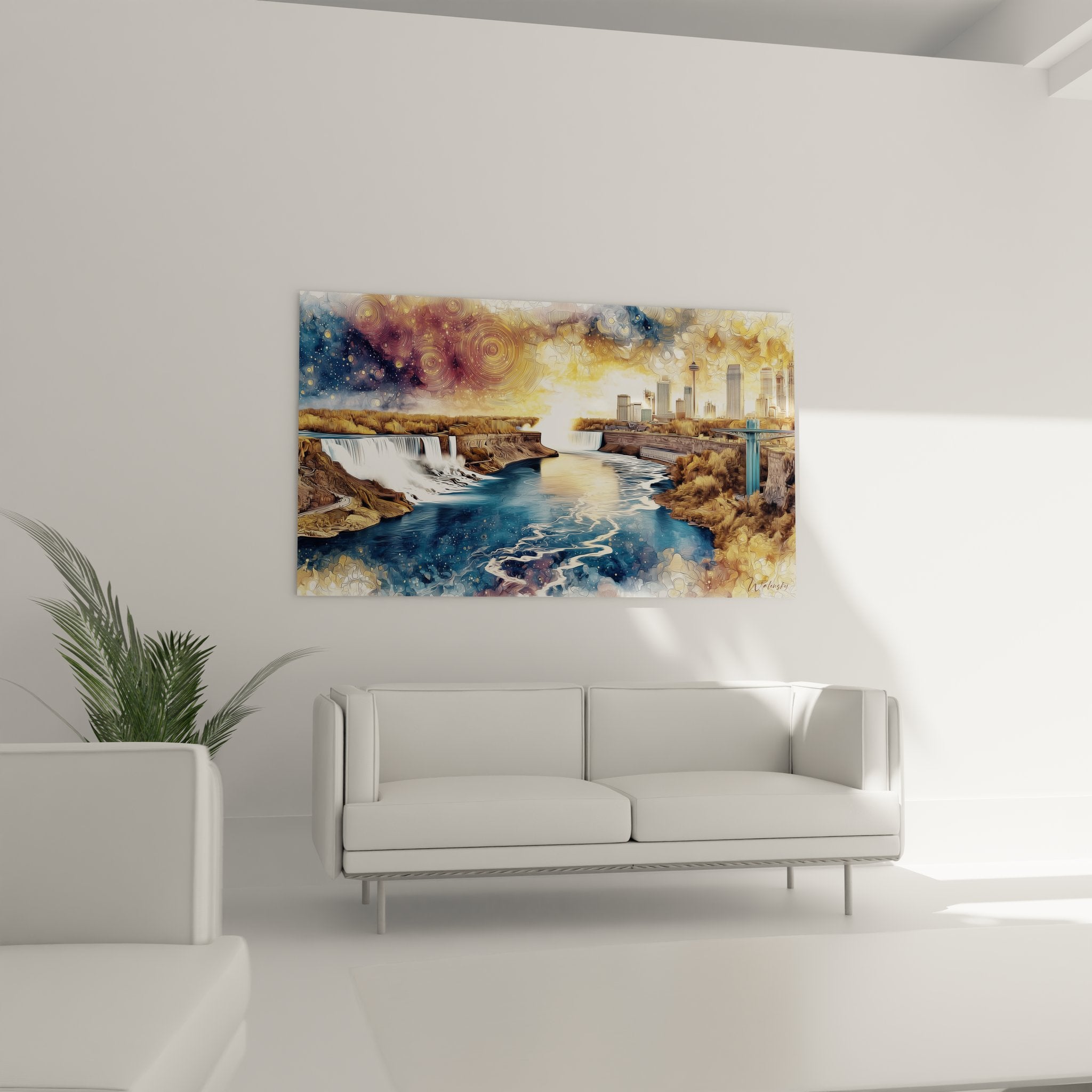 Gros plan tableau cascade cosmique, détails artistiques chutes d'eau et motifs circulaires dorés
