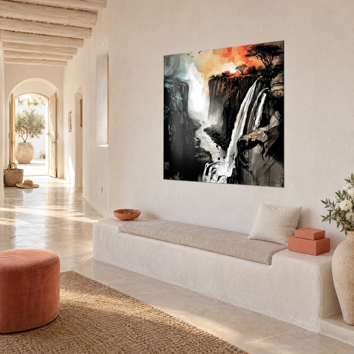 Cuadro de una cascada que cae desde un acantilado de tinta negra, cielo ámbar y turquesa, pared encalada, casa mediterránea