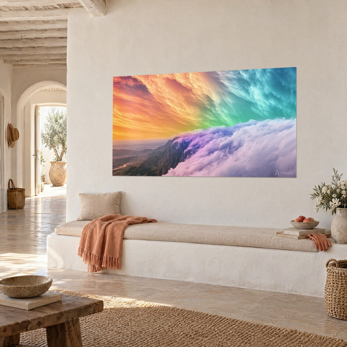 Quadro alba arcobaleno vista di tre quarti, nuvole dorate e verdi su una montagna, panca bianca e plaid corallo
