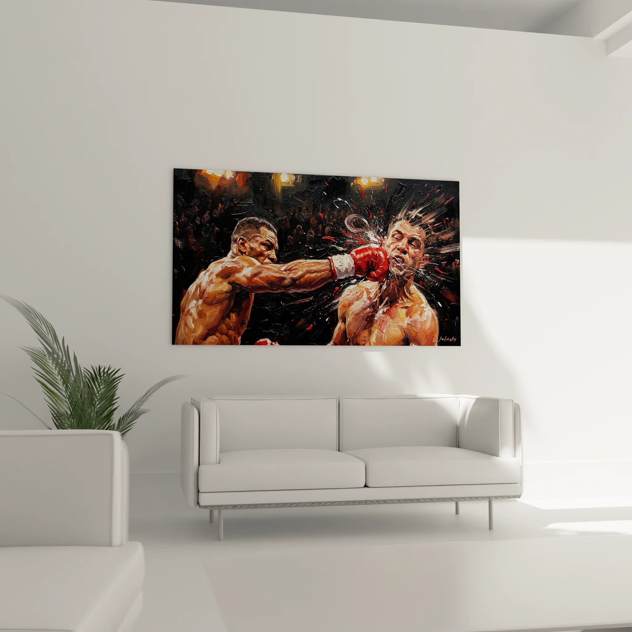 Gros plan tableau boxe uppercut explosif détails réalistes combat - peinture sport haute qualité