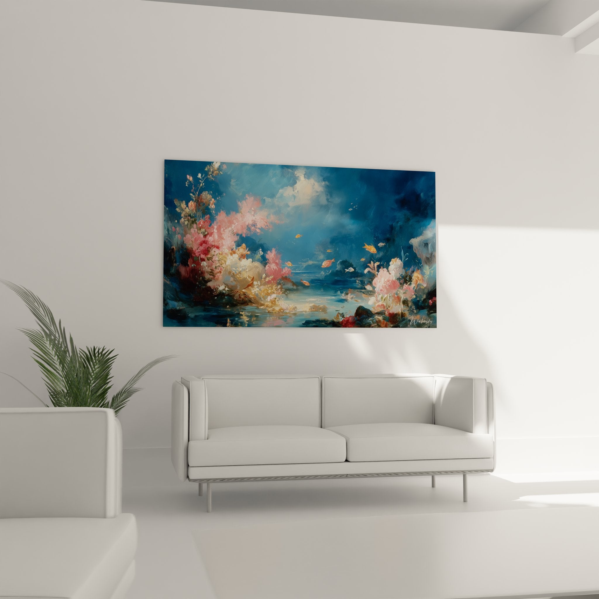 Gros plan tableau coraux roses et blancs avec détails picturaux impressionnistes fonds marins