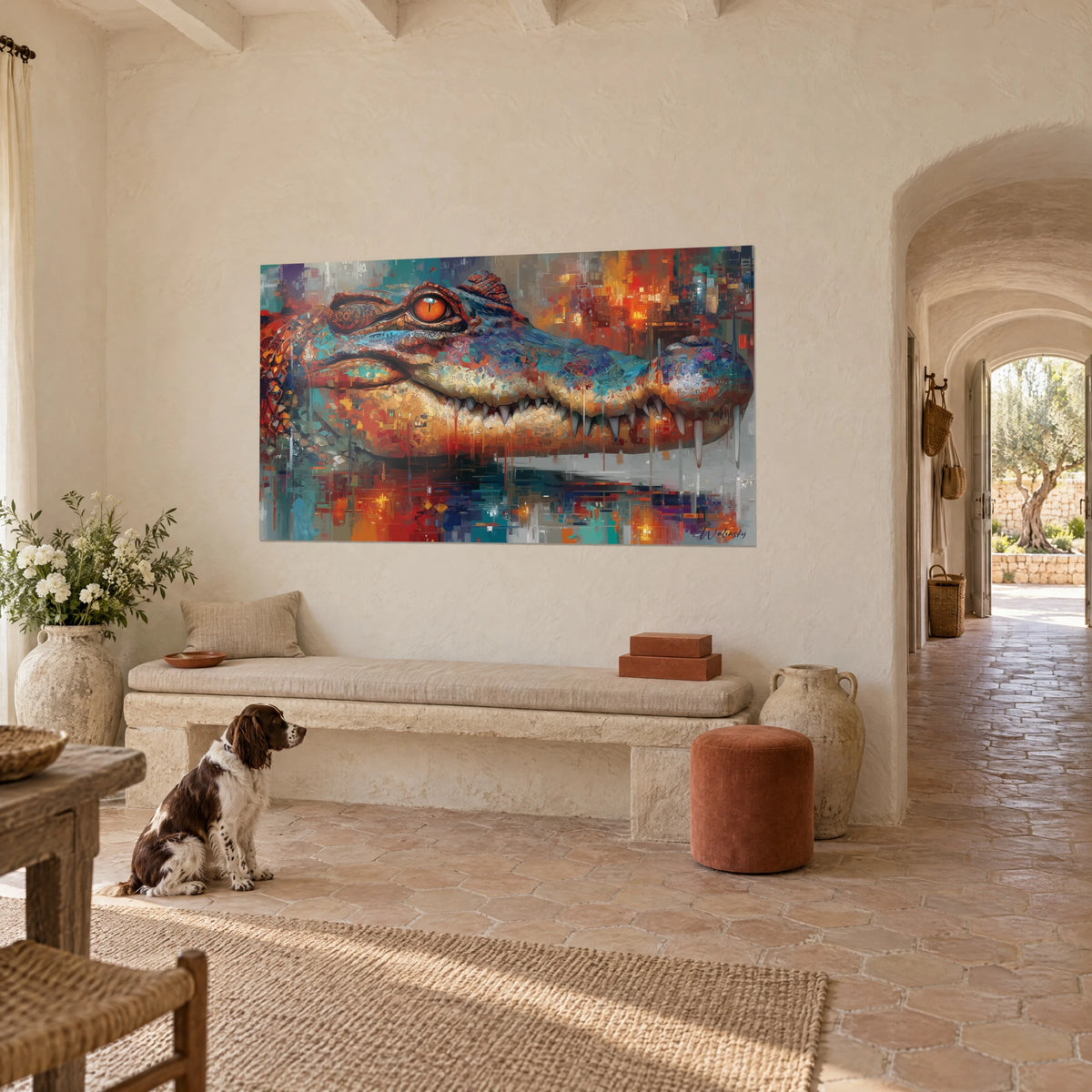 Schilderij alligatorkaak vol witte tanden, turquoise en okerkleurig mozaïek, aan de muur van een boerderij, zittende spaniël