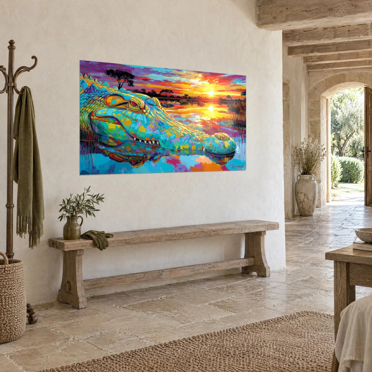 Tableau saurien bleu cyan au museau écailleux, ciel violet et jaune reflété dans le marais, mur de pierre et banc en bois