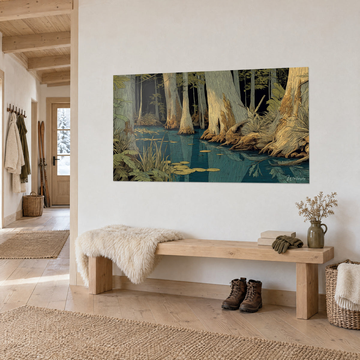 Wall art of a cypress swamp with copper roots and golden water lilies on dark turquoise water, hung above a wooden bench