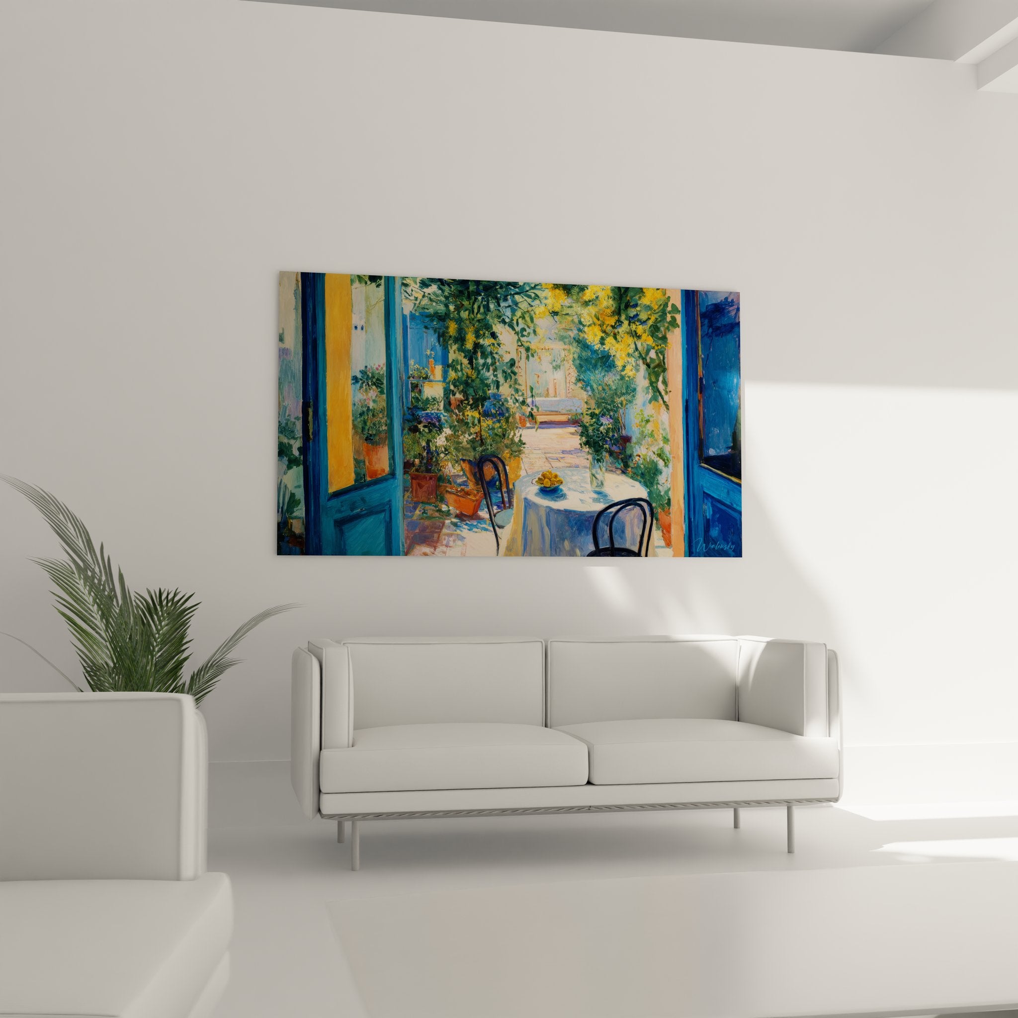 Gros plan tableau déjeuner pergola, détails fleurs jaunes et mobilier méditerranéen, art mural jardin