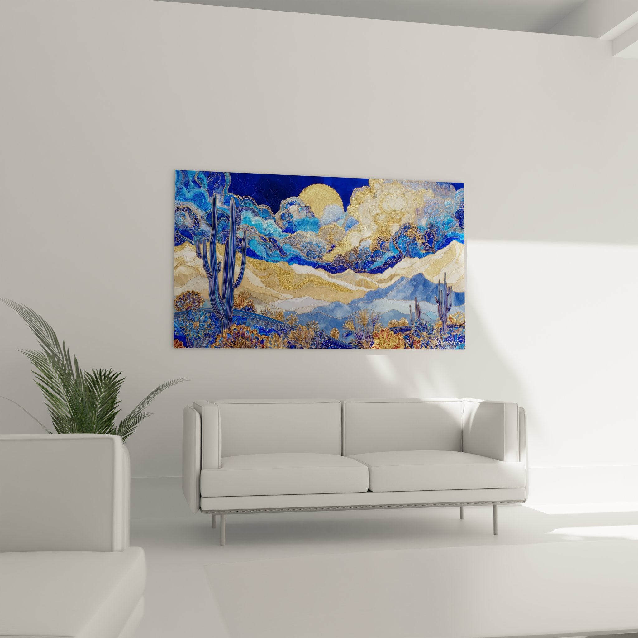 Détail gros plan tableau désert montrant cactus saguaro et nuages tourbillonnants dorés