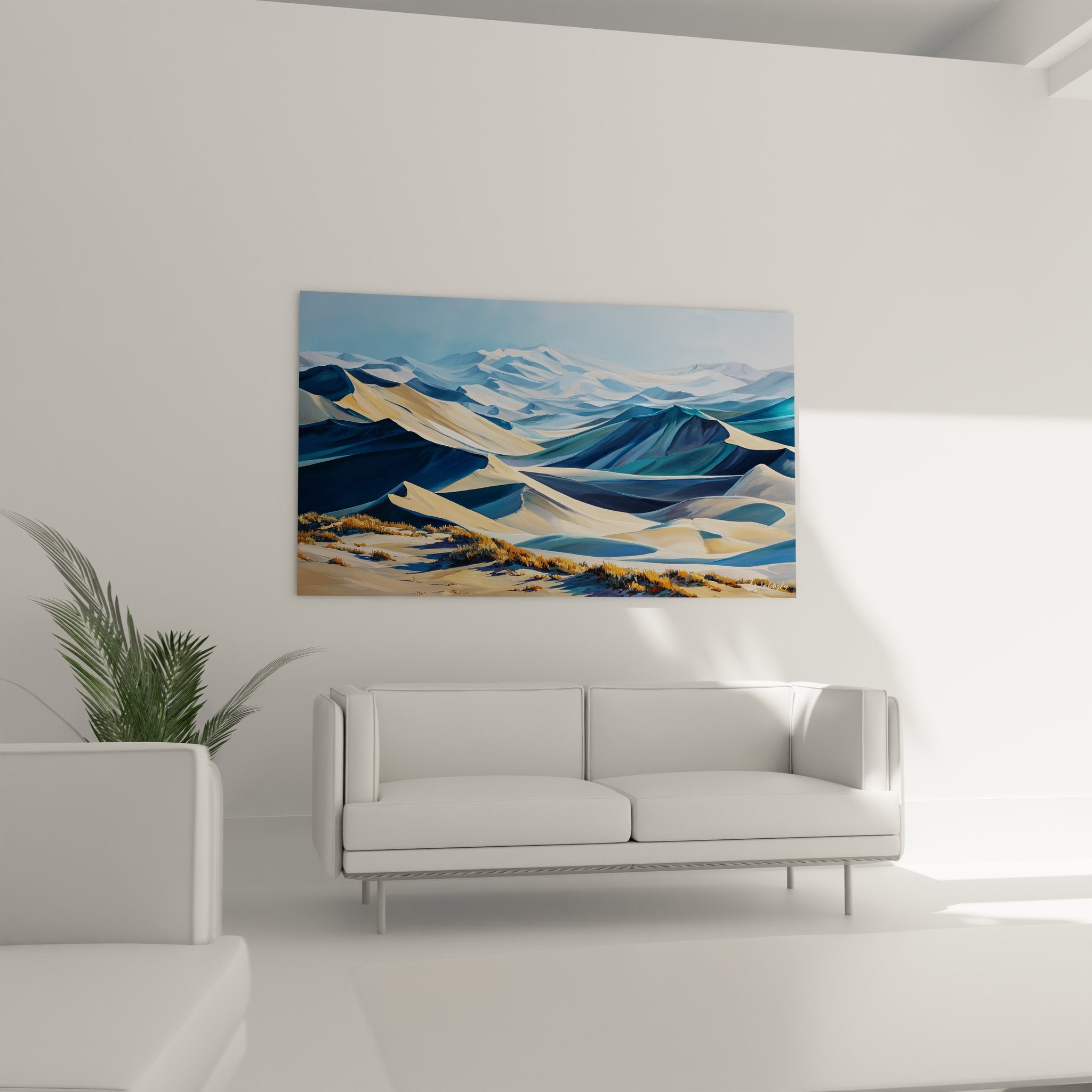 Gros plan tableau paysage désertique montrant détails dunes dorées et formations rocheuses bleues