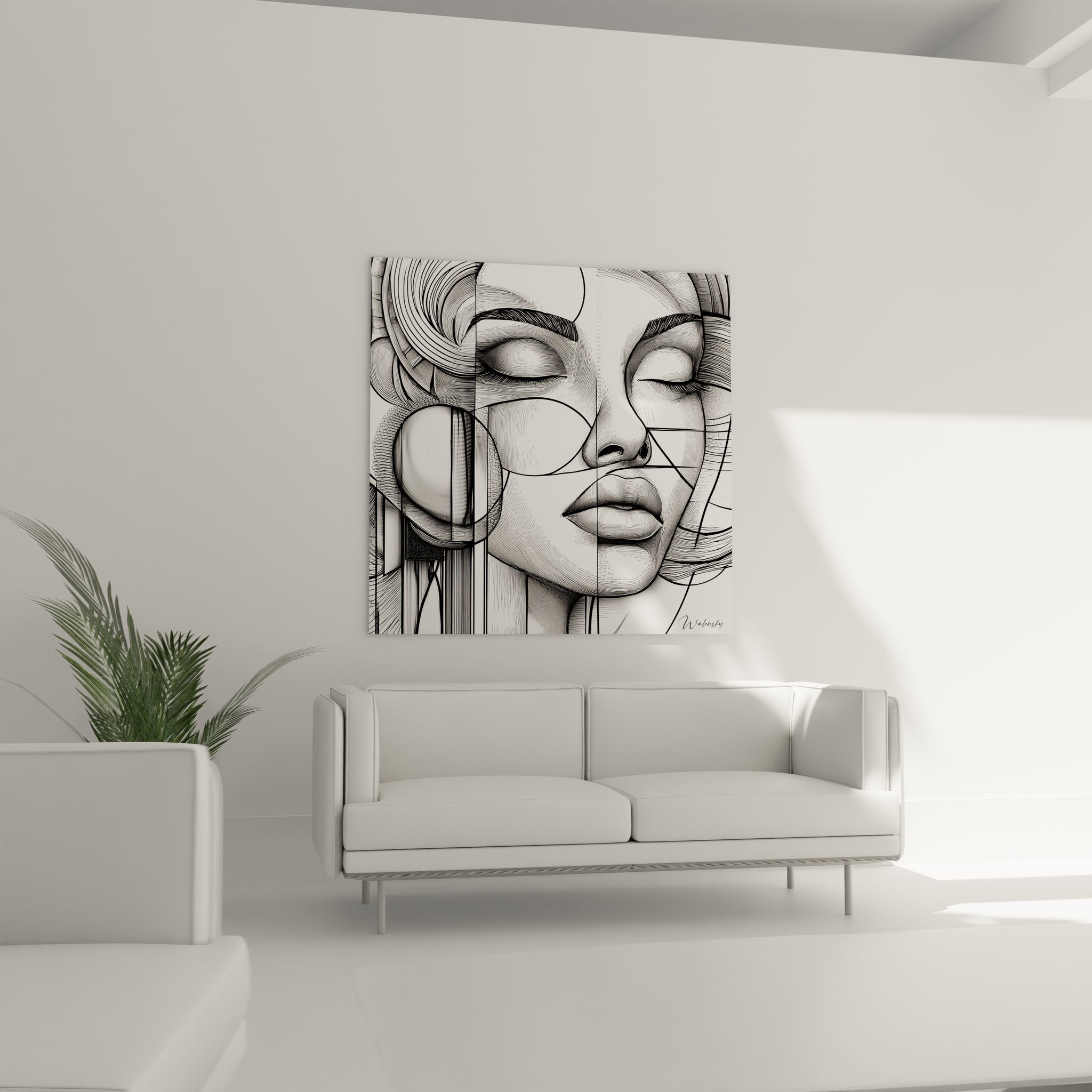 Gros plan tableau dessin visage féminin lignes géométriques détails art contemporain noir blanc