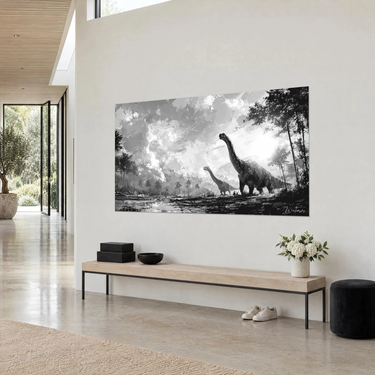 Gemälde Sauropoden-Dinosaurier in Schwarzweiß, dunkler Teich und schwarze Bäume unter hellgrauem bewölktem Himmel, Dreiviertelansicht, Architektenhaus