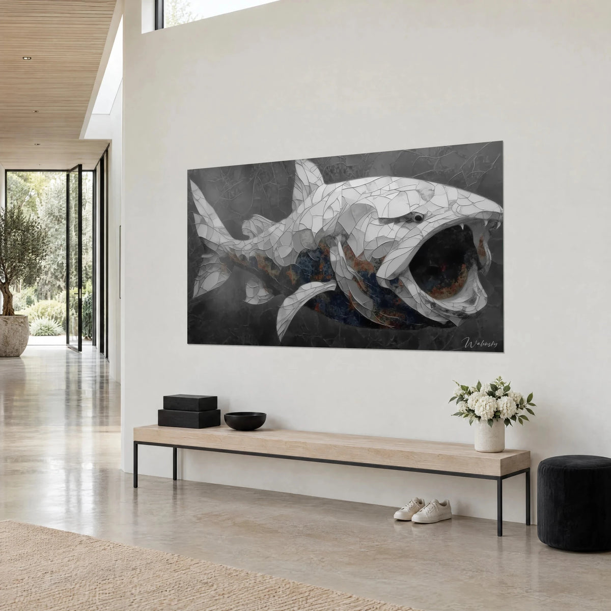 Wall art prehistoric Dunkleosteus in cracked pearl-grey mosaic, midnight-blue and rust belly, on the light wall of a house