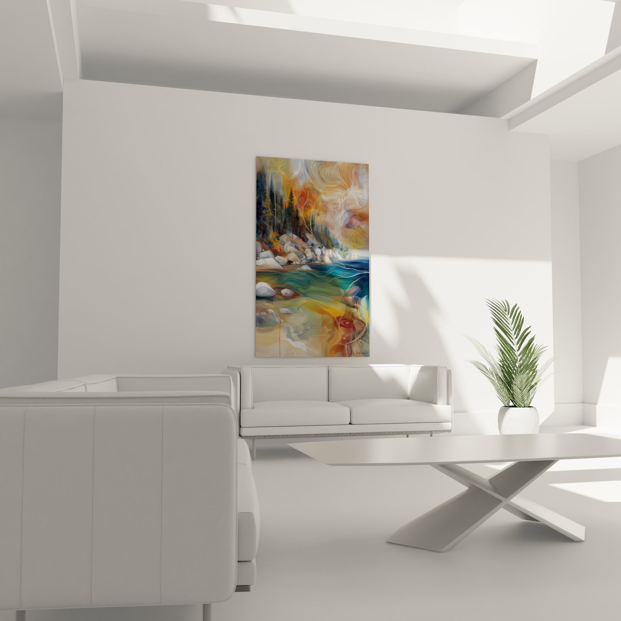 Gros plan tableau eau cristalline avec effets de transparence et reflets colorés