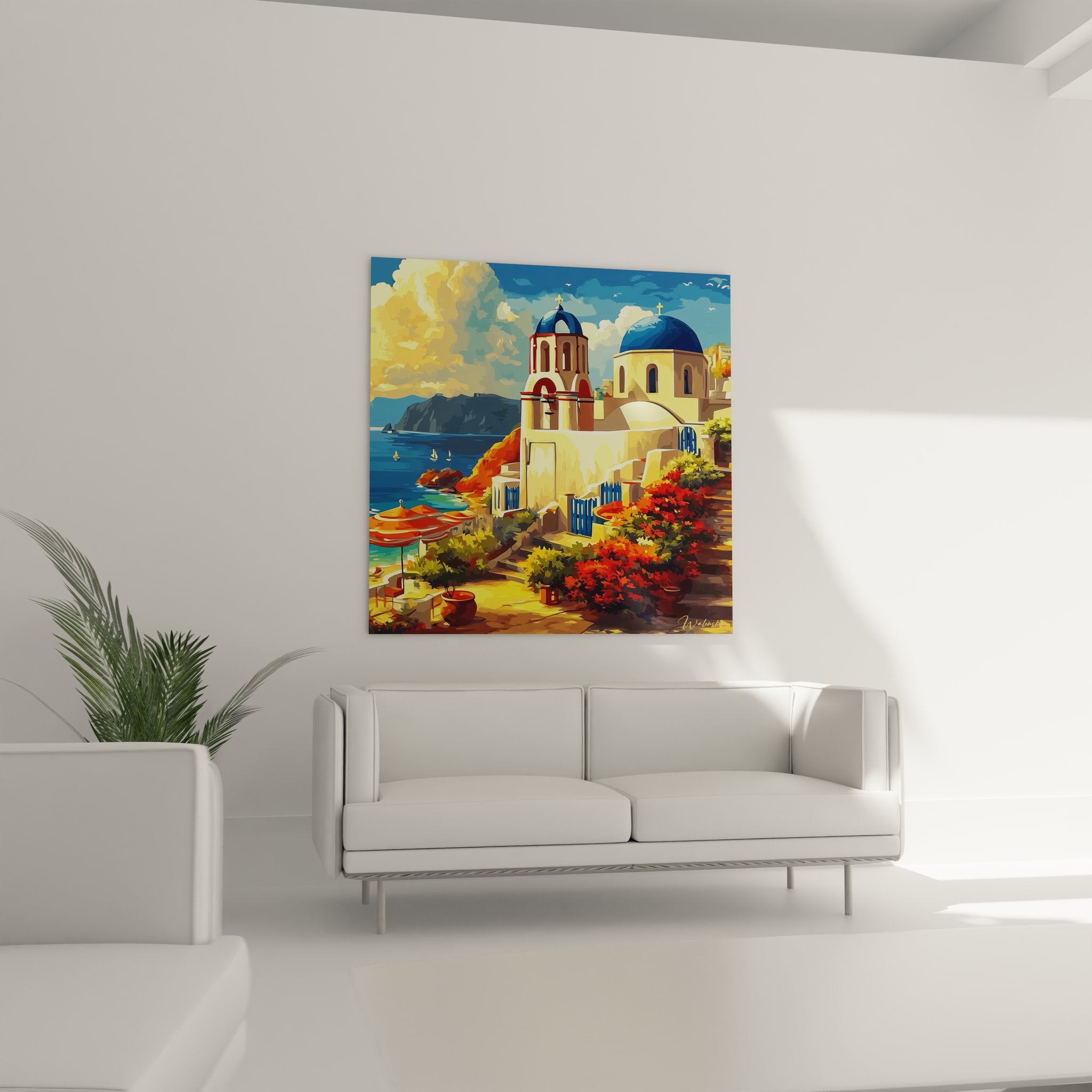 Gros plan tableau art grec église orthodoxe dômes bleus Santorini détails architecture cycladique