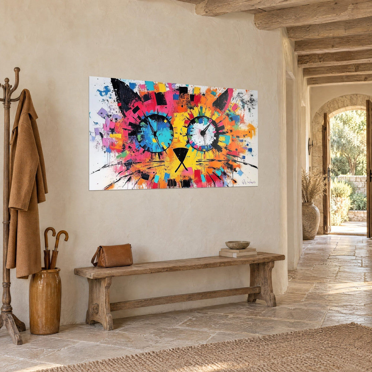 Cuadro retrato felino explosivo, ojos-esfera turquesa y blanco, salpicaduras amarillas y fucsia, pasillo de piedra, vista de tres cuartos