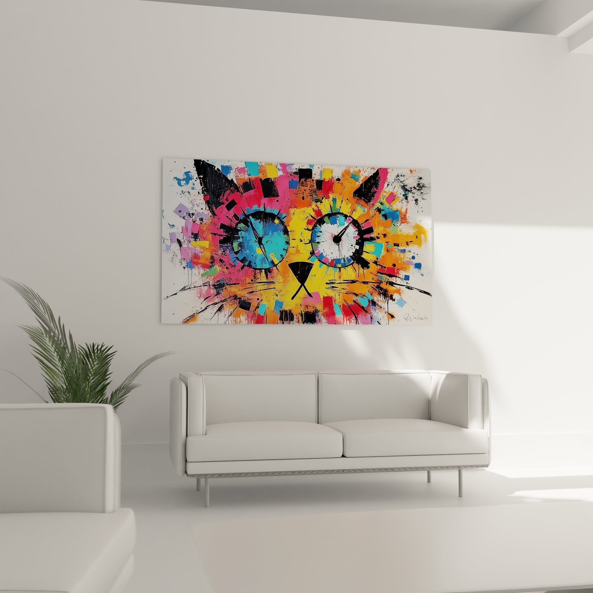 Gros plan tableau engrenages avec détails des cercles mécaniques et éclaboussures de peinture colorée