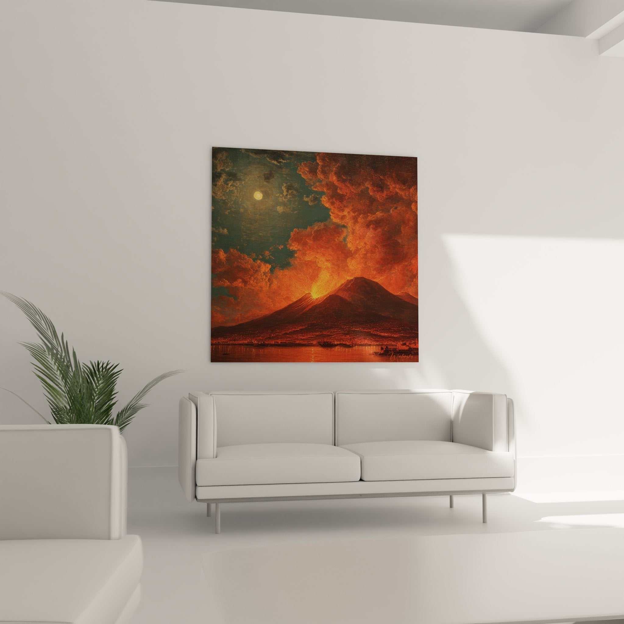 Gros plan tableau éruption Vésuve détails lave incandescente cratère actif