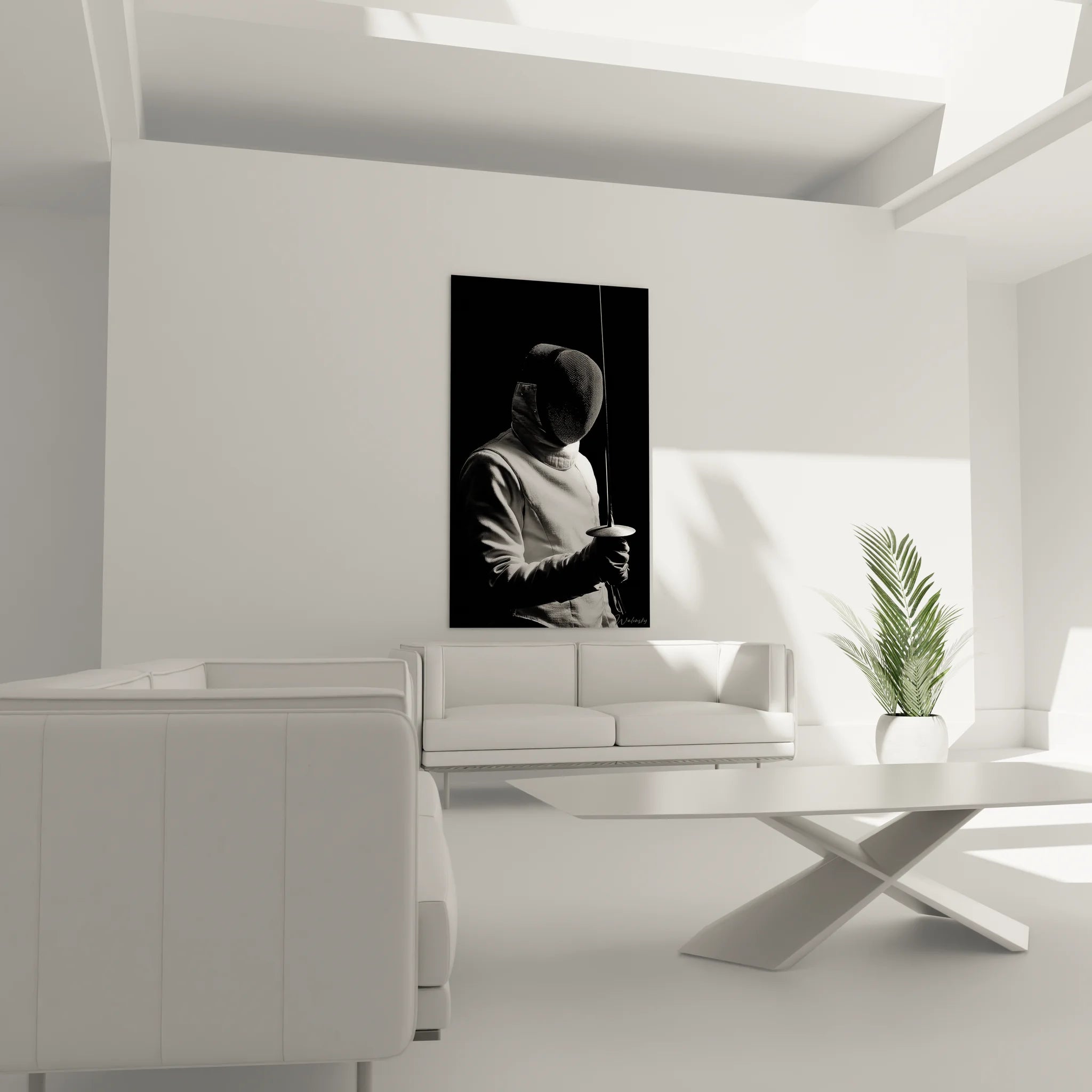 Gros plan sur tableau escrime révélant les détails du masque de protection et de la tenue d'escrimeur